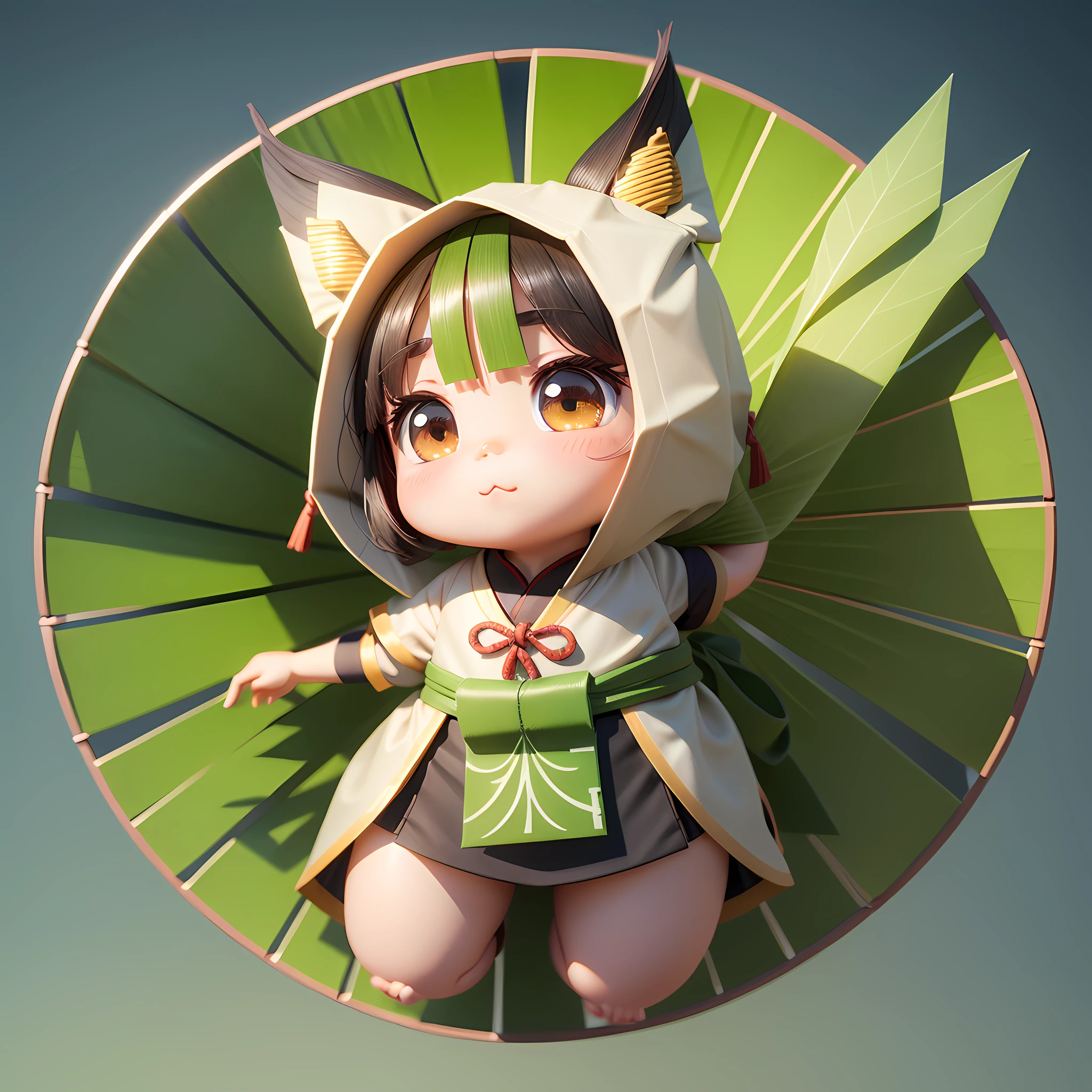 Cute zongzi design, animated，, and 3D modeling. Zongzi has a cute face，Shaped like a triangular prism, with reed leaves surrounding it. --auto --s2