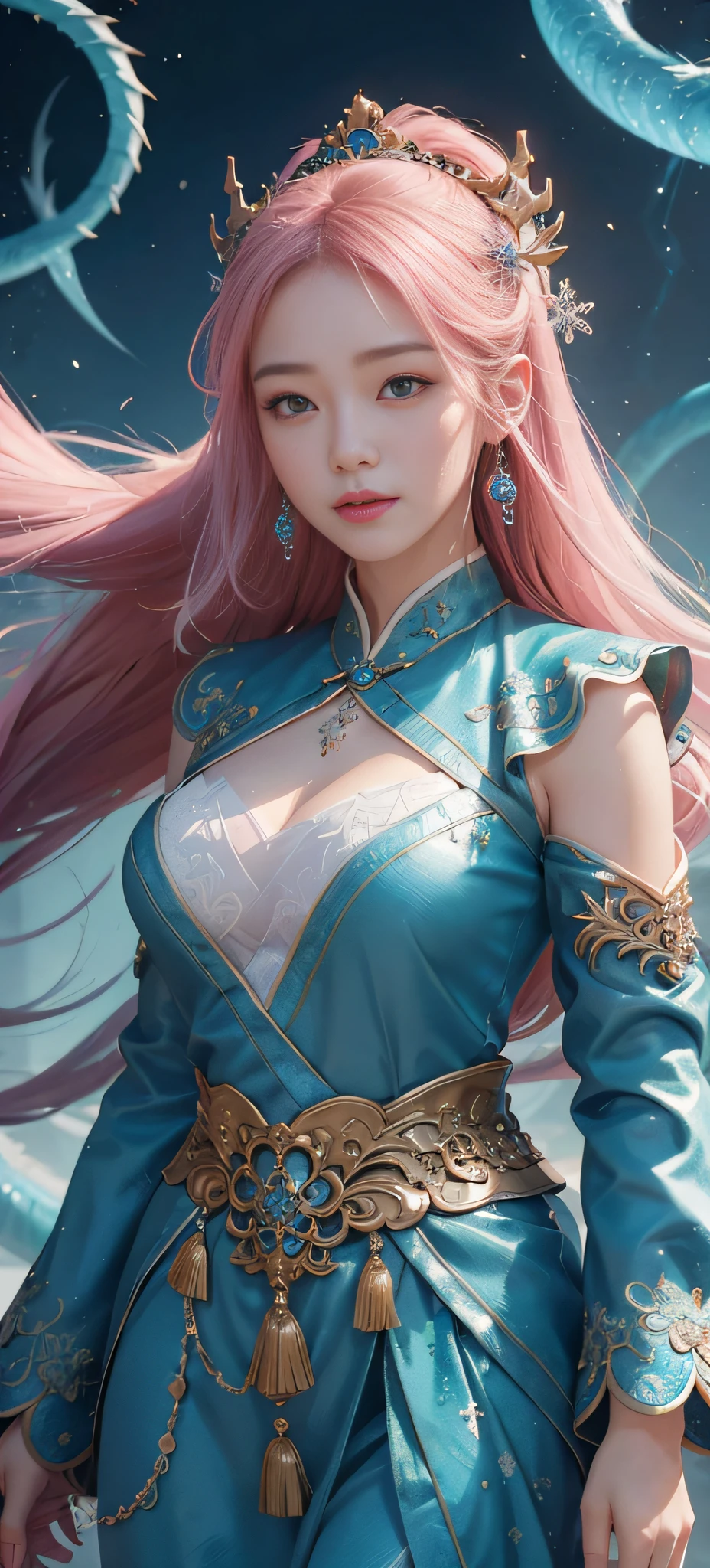 1 girl Girl's masterpiece, high cold Korean makeup, Seductive Korean faces,temperament,smiled,The perfect combination of water and dragon,Snowflakes,lightning , The dragon, and various intricate embellishments,There are luxurious accessories and gorgeous and luxurious and complex Xiuhe Han clothes light pink,A tight face with a tall nose and a tall figure,The picture is real, mixed with conceptual art, Antique and modern are a perfect combination, the picture is dazzling,surround,Radiant,Cumbersome concept art,8K picture quality, best quality and most detailed composition