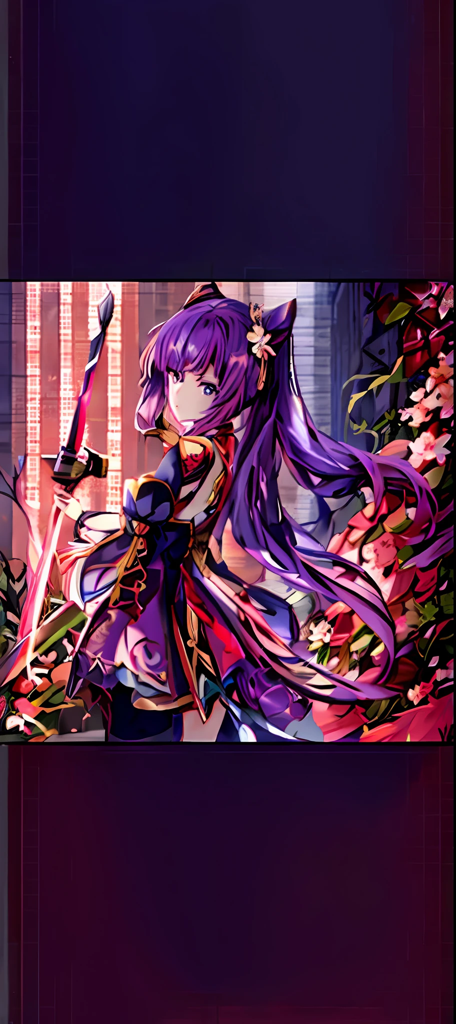 anime girl with sword and flowers in background, from arknights, ayaka genshin impact, 《genshinimpact》in the clear, detailed key anime art, shadowverse style, high detailed official artwork, anime fantasy artwork, detailed anime artwork, anime moe artstyle, ayaka game genshin impact, official artwork, beautiful fantasy anime, nightcore, anime arts, anime arts