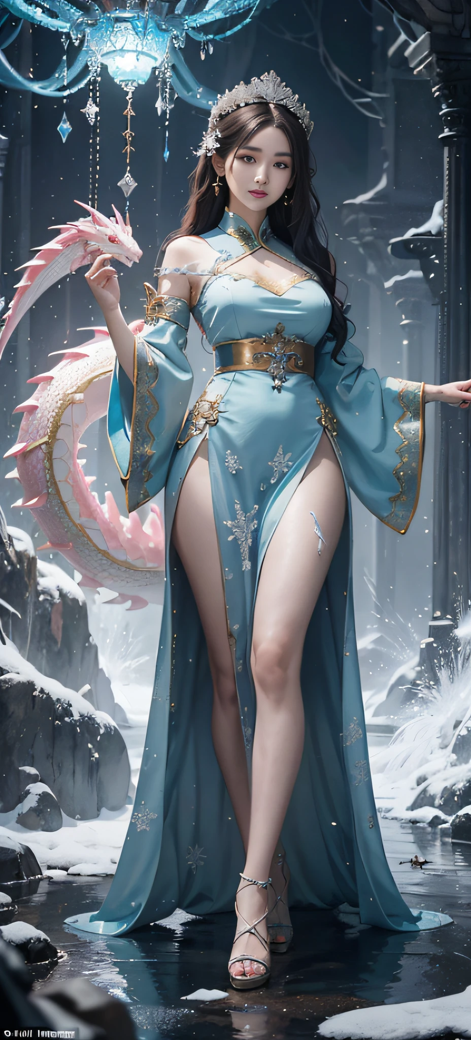 1 girl Girl's masterpiece, high cold Korean makeup, Seductive Korean faces,temperament,smiled,The perfect combination of water and dragon,Snowflakes,lightning , The dragon, and various intricate embellishments,There are luxurious accessories and gorgeous and luxurious and complex Xiuhe Han clothes light pink,A tight face with a tall nose and a tall figure,The picture is real, mixed with conceptual art, Antique and modern are a perfect combination, the picture is dazzling,surround,Radiant,Cumbersome concept art,8K picture quality, best quality and most detailed composition