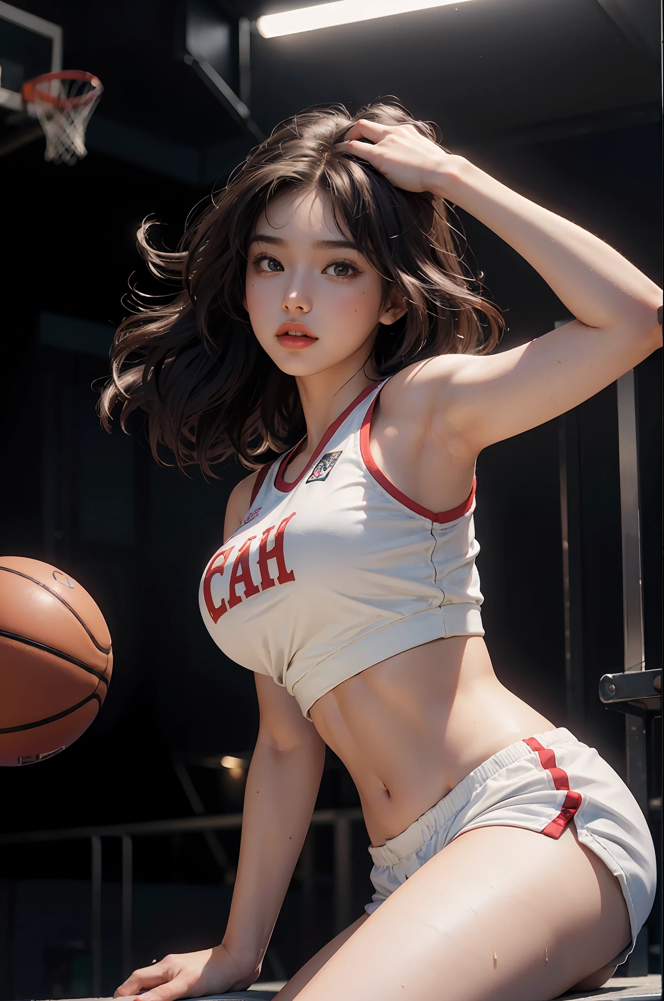 (RAW photo, 4k, masterpiece, high resolution, extremely complex) (realistic: 1.4), cinematic lighting Delicate girl with delicate facial features, oversized breasts
1 Girl, Single Focus, Summer Noon, Hot, Gym 1990s\(style\), white skin, oversized breasts, shorts, sweat, (best quality), (highres), (an extremely delicate and beautiful), (Beautiful 8k face), (brown eyes), (ulzzang-6500:1.0), (solo), ( looking side),(spectators),(large breasts),(NBA),bent over,,lookside,(side), ,(Basketball sportswear),((Play basketball)),((gymnasium)),((speed)),(reality),