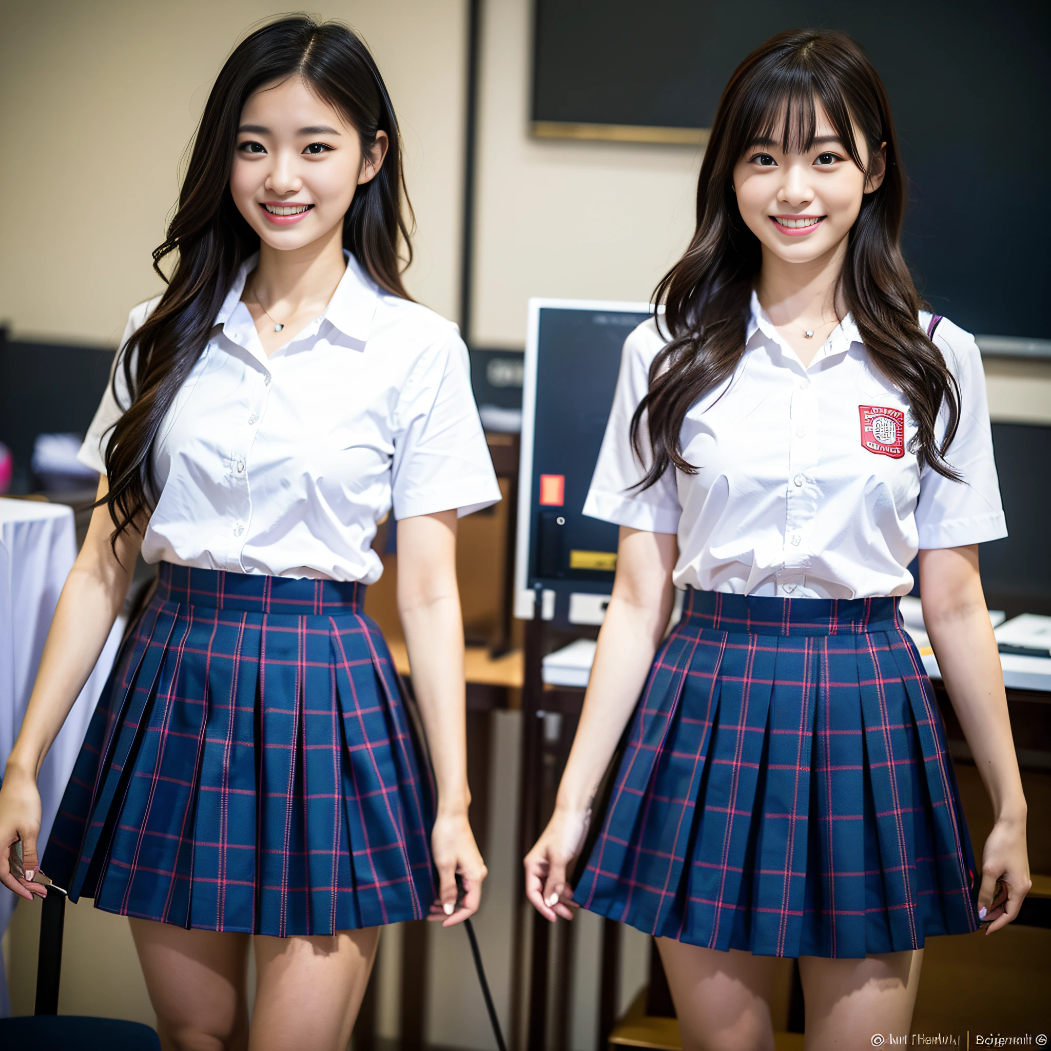 Japanes lady、(RAW photos、BEST QUALITY、A Masterpiece:1 )、high definition RAW color photos、professional photos、(lifelike、Realistic Photo:1.37)、ciinematic light、1 Unforgettable smile、hair messy、Floating hair、Super Detailed、school classroom、Wearing a Y-shirt with a ribbon and a dark blue plaid miniskirt and loose socks、Standing、Full Body Image、