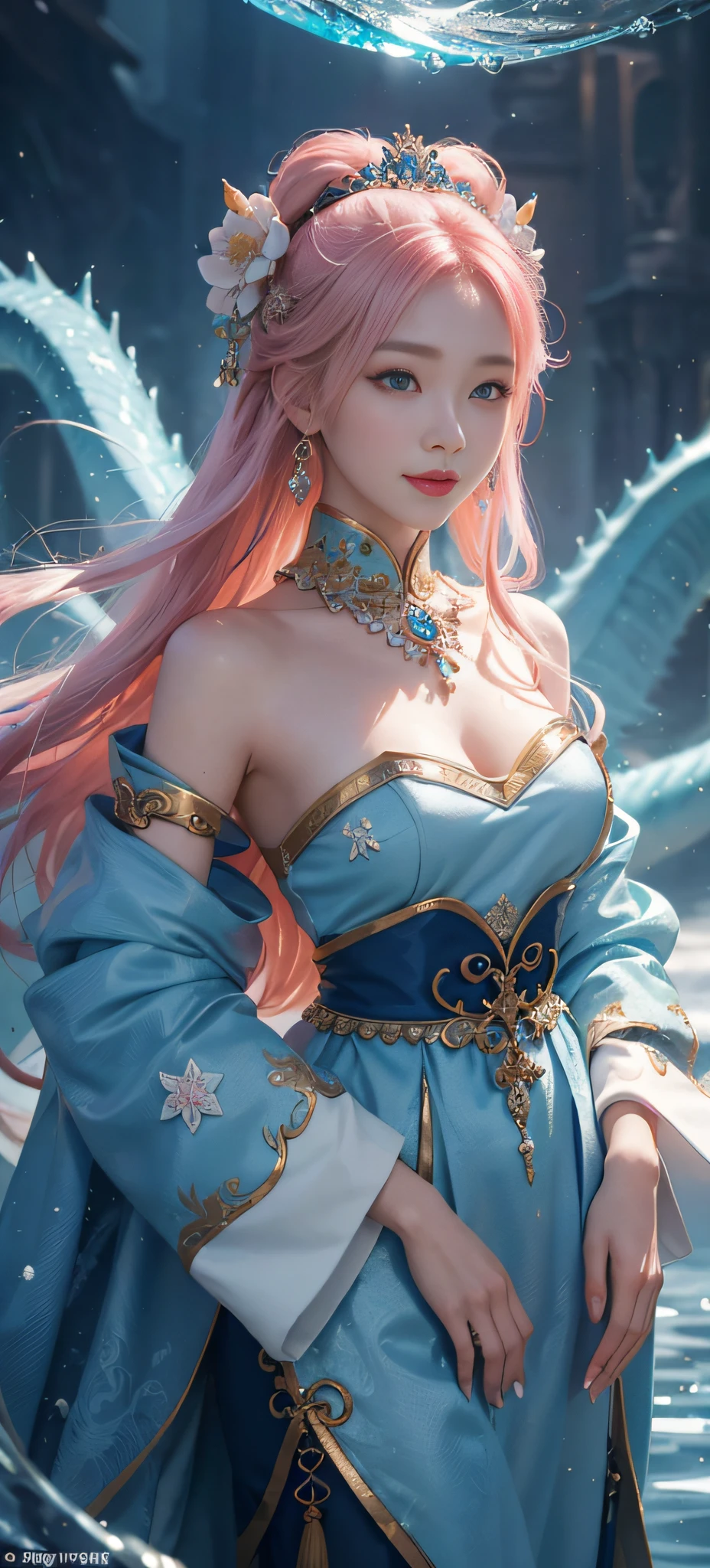1 girl Girl's masterpiece, high cold Korean makeup,  Korean faces，temperament，smiled，The perfect combination of water and dragon,Snowflakes，lightning , The dragon, and various intricate embellishments，There are luxurious accessories and gorgeous and luxurious and complex Xiuhe Han clothes light pink，A tight face with a tall nose and a tall figure，The picture is real, mixed with conceptual art, Antique and modern are a perfect combination, the picture is dazzling，surround，Radiant，Cumbersome concept art，8K picture quality, best quality and most detailed composition
