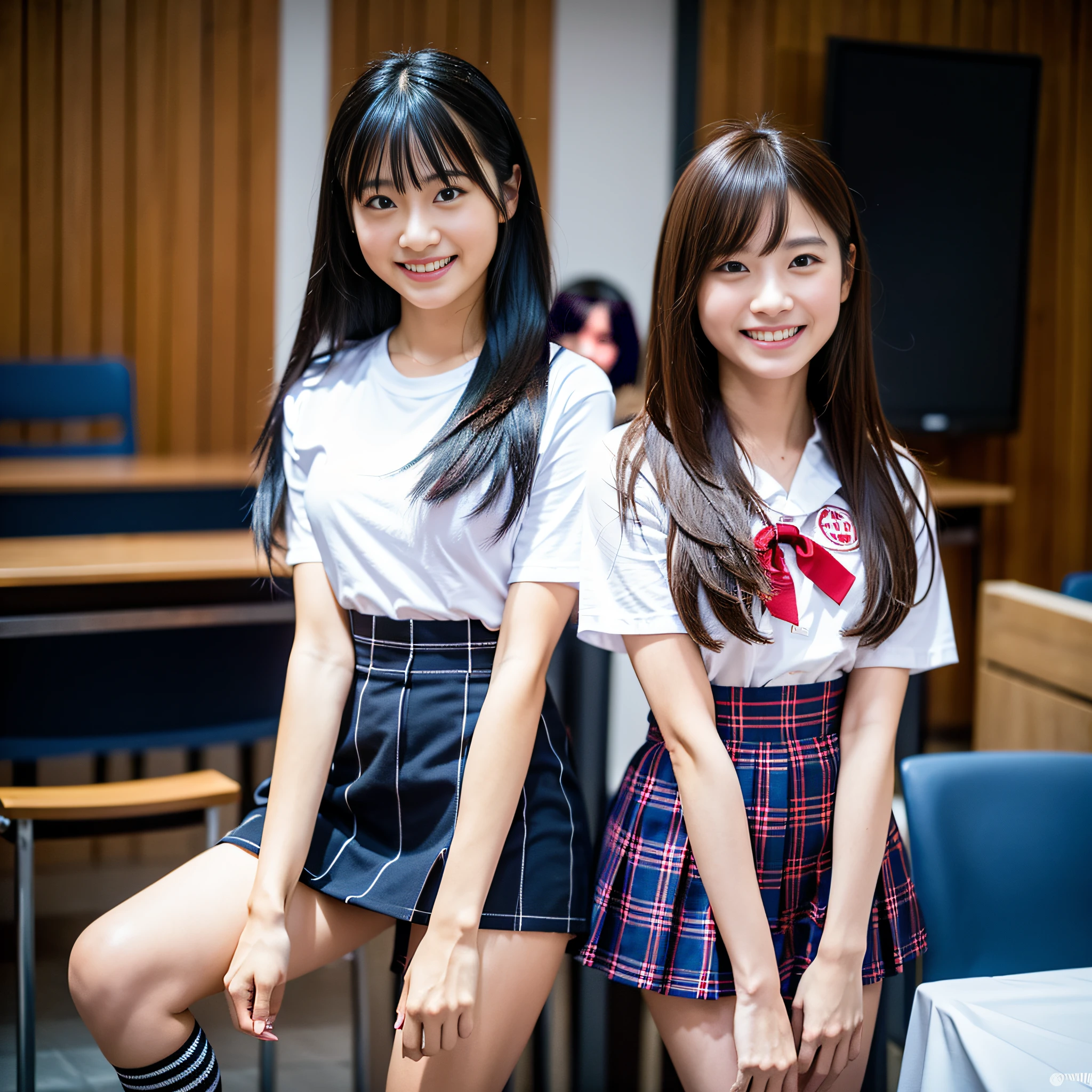 Japanes lady、(RAW photos、BEST QUALITY、A Masterpiece:1 )、high definition RAW color photos、professional photos、(lifelike、Realistic Photo:1.37)、ciinematic light、1 Unforgettable smile、hair messy、Floating hair、Super Detailed、school classroom、Wearing a Y-shirt with a ribbon and a dark blue plaid miniskirt and loose socks、Standing、Full Body Image、