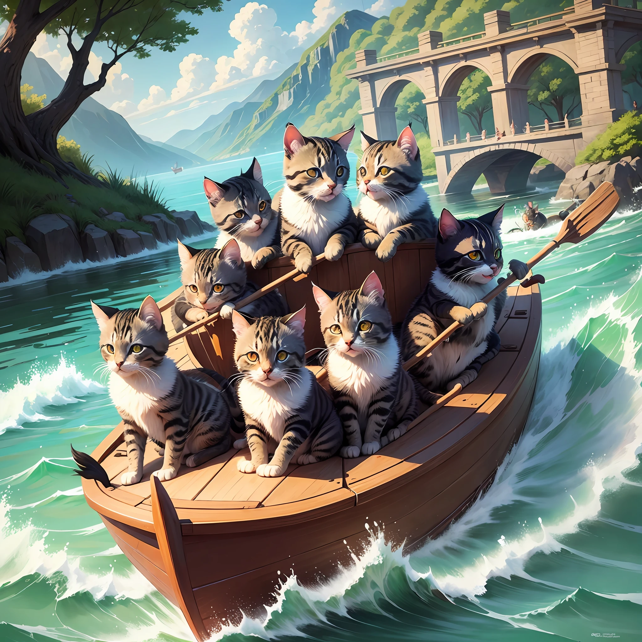 A group of kittens rowing a dragon boat，Multiple orientations --auto --s2