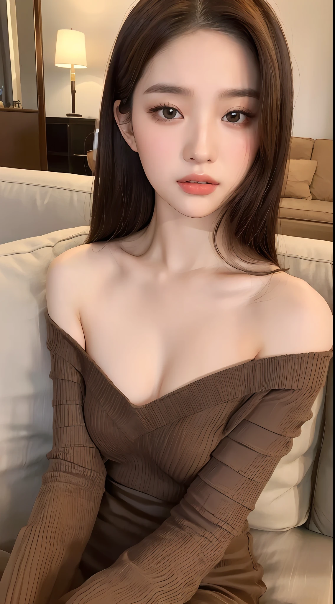 ((Night view, realistic light, best quality, 8k, masterpiece: 1.3)), 1girl, pretty woman with slim figure: 1.4, (brown hair, medium breasts: 1.3), off-the-shoulder cut top: 1.3, sofa, super detailed face, detailed eyes, double eyelids