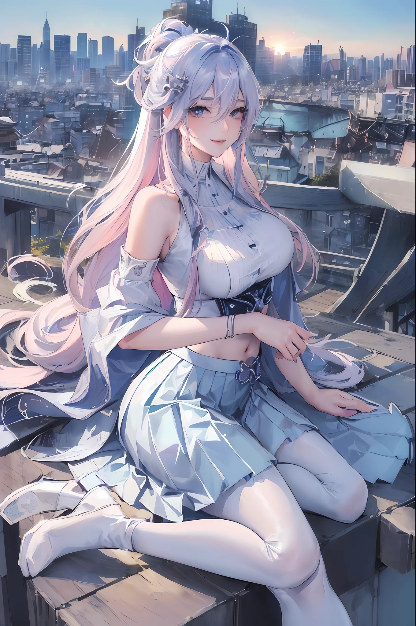 official art, masterpiece, sharp focus, (beautiful gorgeous cute Korean woman:1.3), (beautiful cute korean:1.3), korean beauty, Delicate and beautiful hair and eyes and face, realistic, ultra detailed, beautiful girl, blue sky, glow white particle, (sidelighting:1.2), sun light, white cloud, detailed clouds, slender, Lovely very large breasts and very large hips, smile with teeth, ((smile with eyes, open both eyes)), scenery, long straight hair, sexy facial expression, building, (cityscape:1.7), dynamic hair, long straight hair, detailed platinum pink hair, glow blue eyes, (blue pleated shirts + white skirt), white long socks, pale skin, hair ornament, epic scenery,