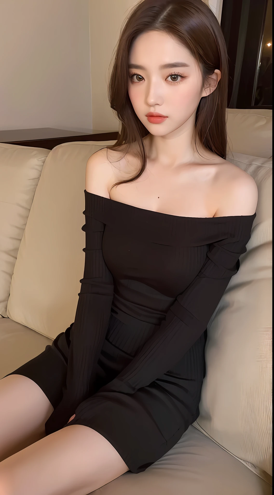 ((Night view, realistic light, best quality, 8k, masterpiece: 1.3)), 1girl, pretty woman with slim figure: 1.4, (brown hair, medium breasts: 1.3), off-the-shoulder cut top: 1.3, sofa, super detailed face, detailed eyes, double eyelids