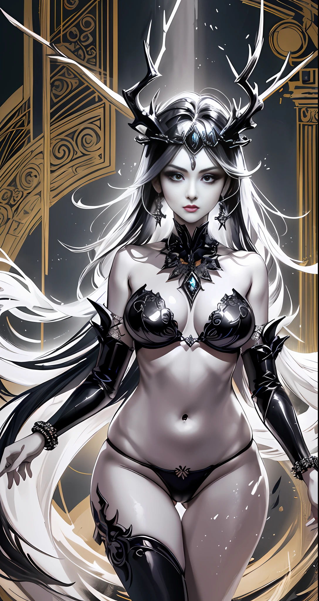 Masterpiece, great black and white anime works, style of Japanese manga masters, black and white art, line art, pen drawing art, a mature woman (from below: 1.5) (((in the pool: 1.2))) ((((standing)))) (strapless white underwear + openwork transparent design inspired by Victoria's Secret), (broken + clothing: 1.5) (full body pose: 1.5), (krounchana: 1.5) hips ((lower chest +Standing upright under the bra)), (double eyelids) (delicate makeup) (fantasy: 1.2), dragon woman, antlers growing on the head, dragon element, (mythology: 1.5), exposed navel, tethered panties, (large panorama: 4), wide angle, (dramatic: pose), (ethereal: lighting), (mystery: atmosphere), (complex: details), (carefully designed hair + design), (ancient artifacts), dragon princess (elaborate necklace bracelet earrings gemstone pendant inspired by Harry Winston) (sacred: radiance), (spiritual essence) (evocative: expressive), long legs, height 180cm, (bold: brushstrokes), (epic: proportional) masterpiece 16k --s2