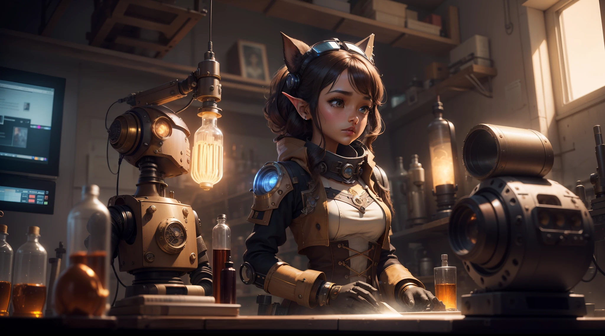 /imagine prompt: illustration of A beautiful brown girl with long ears invented a robot in the laboratory ,Inventing robots::10, Steampunk::12, robot::13, rule of thirds composition::8, tilt-shift::13, ultrawide shot::3, Unreal Engine::15, Top light::13, beautiful lighting::13, Cinematic light::12, Bold and bright::10, Dramatic::13, hyper quality::12, Steampunk cityscape::14 --seed 32455 --s 400 --q 2 --c 40