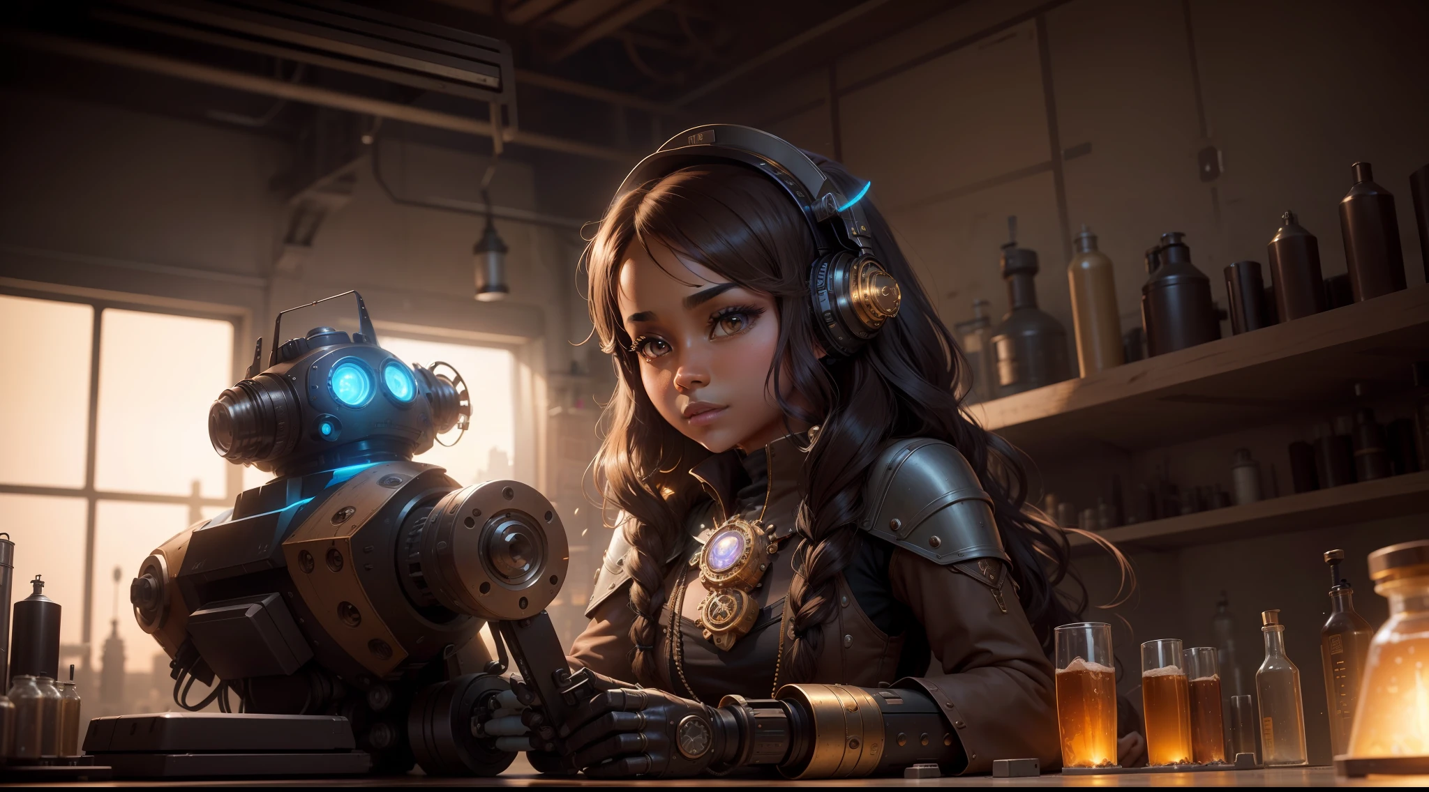 /imagine prompt: illustration of A beautiful brown girl with long ears invented a robot in the laboratory ,Inventing robots::10, Steampunk::12, robot::13, rule of thirds composition::8, tilt-shift::13, ultrawide shot::3, Unreal Engine::15, Top light::13, beautiful lighting::13, Cinematic light::12, Bold and bright::10, Dramatic::13, hyper quality::12, Steampunk cityscape::14 --seed 32455 --s 400 --q 2 --c 40