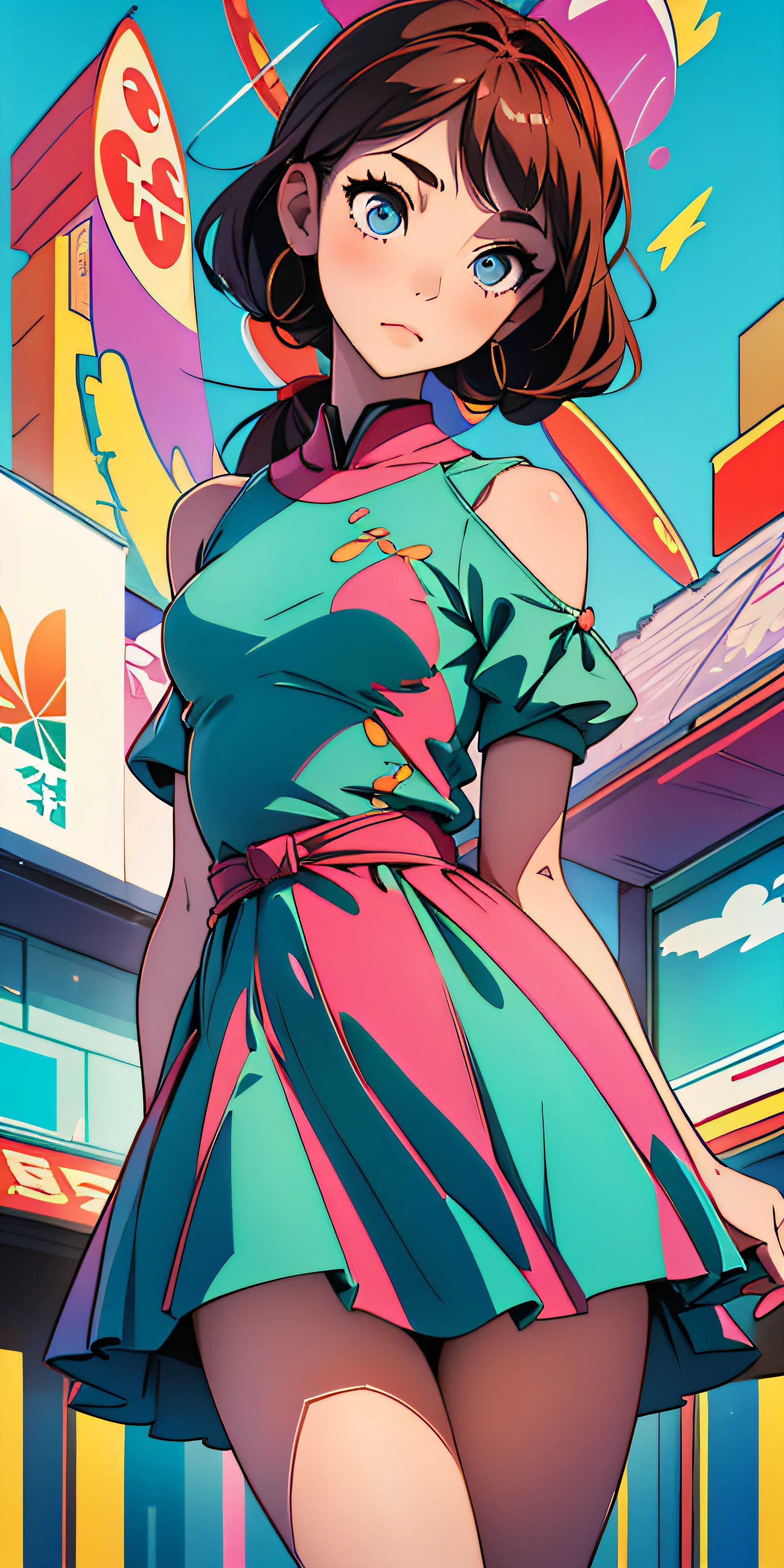 (the highest quality、A masterpiece), 1girl, Watch your audience, blurred background, upper half body,Flat Color,modern, Dress --auto --s2