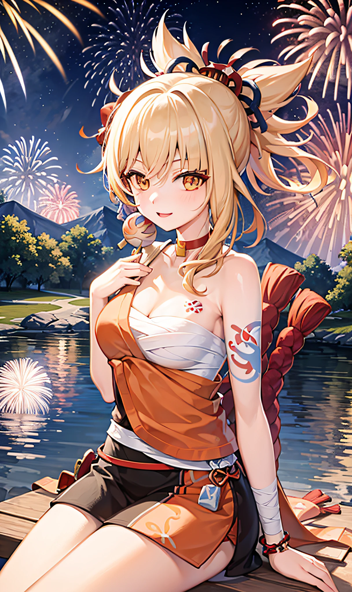 1girl,cowboy shot,sitting,chair,fireworks,night,joy,origin,