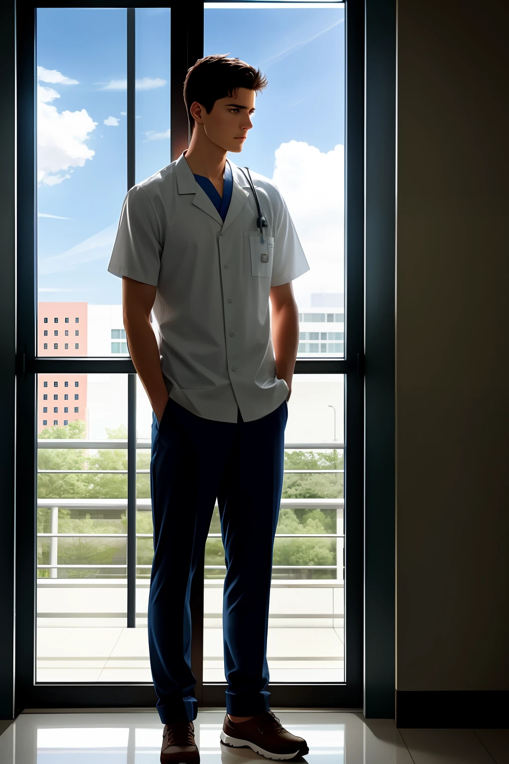 Standing by the hospital window, Ethan gazes out into the distance, his face a mix of regret and determination, as he resolves to change his path and find redemption for the choices he has made.