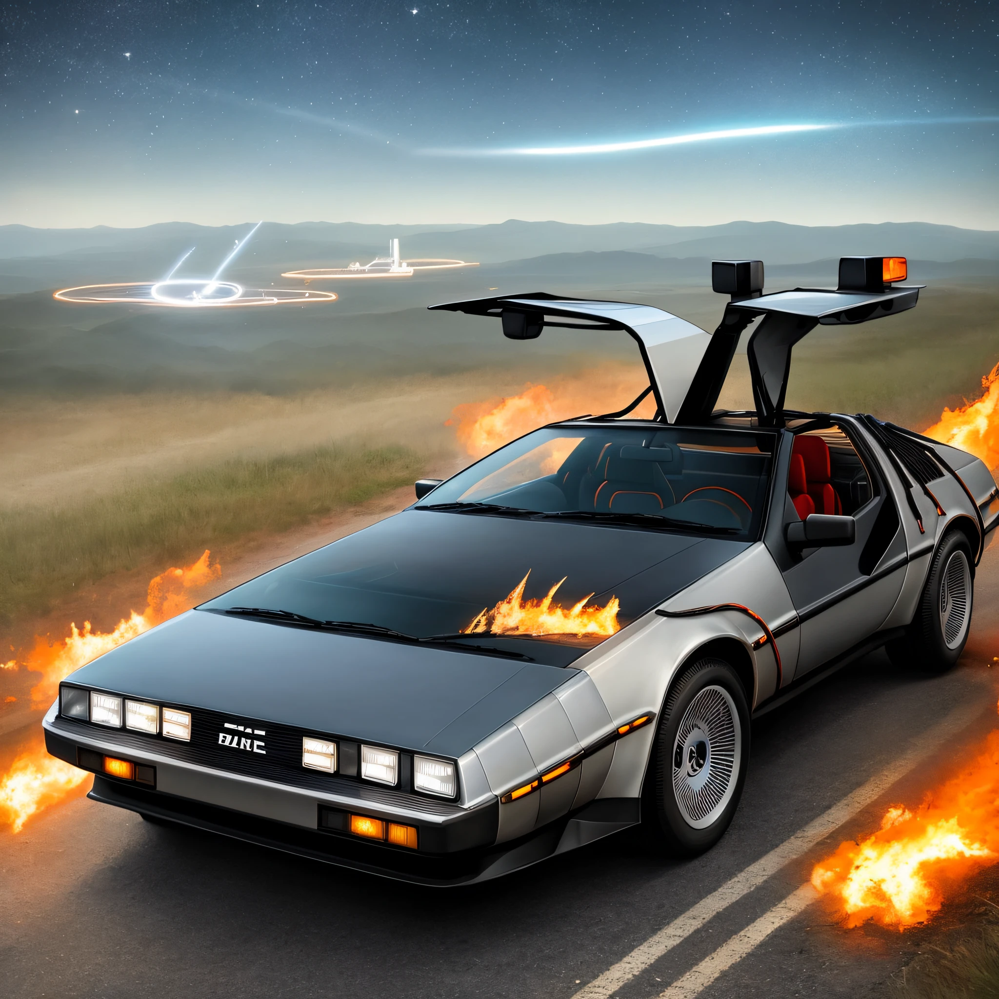 Create an illustration that depicts the iconic DeLorean DMC-12 converted to time machine, com as portas abertas, Surrounding electric rays and trails of fire left behind during a time travel.