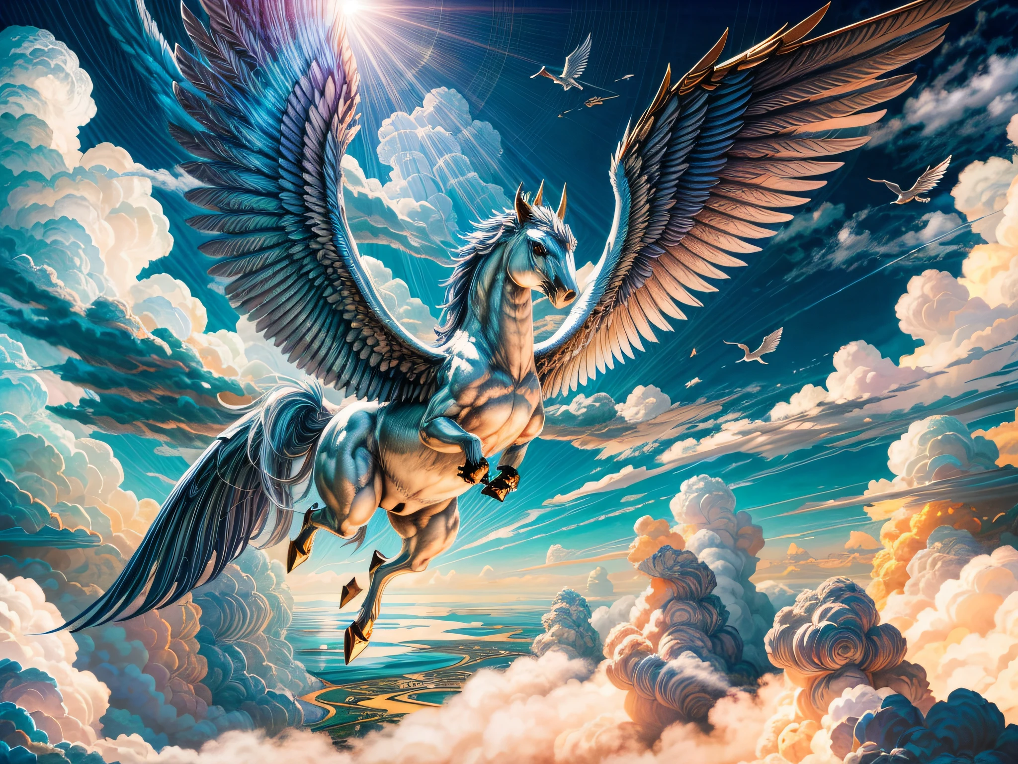 (Pegasus flies through the clouds), Gold iris, tan skin, blue sky and white clouds, Legendary creatures, Creatures, conceptart, dreamy, backlight, fantastical, drop shadow, Smooth,