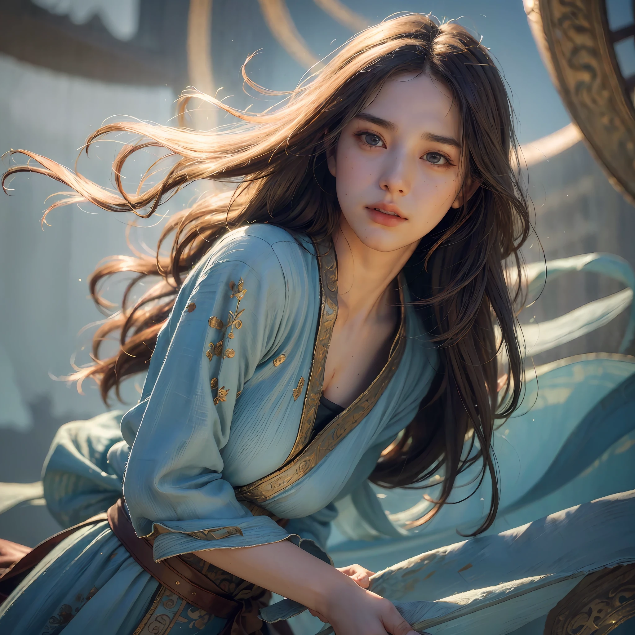 (RAW photo, best quality), (realistic, photo-realistic:1.3),best quality,highly detailed,masterpiece,ultra-detailed,illustration,1girl,upper_body,dynamic angle,world masterpiece theater,messy_long_hair,best quality,extremely detailed CG unity 8k wallpaper,ink,Amazing,cinematic lighting,lens_flare,,dunhuang_style