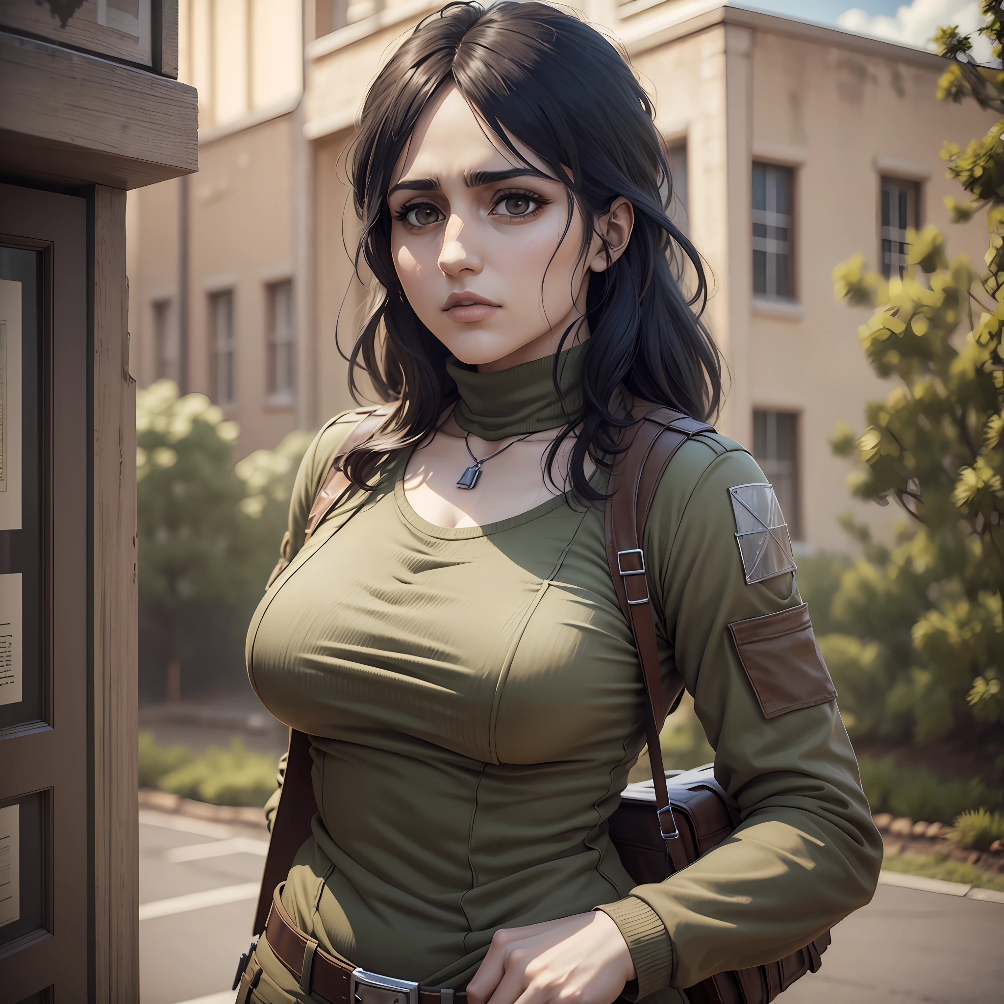 Pieck Finger, Shingeki no Kyokin, arte 3D realista, renderizada, mulher anime realista, NFSW, Suave 3D |, roupa colada, malhada, Musculoso. Bunda grande, peitos grandes, semi nua