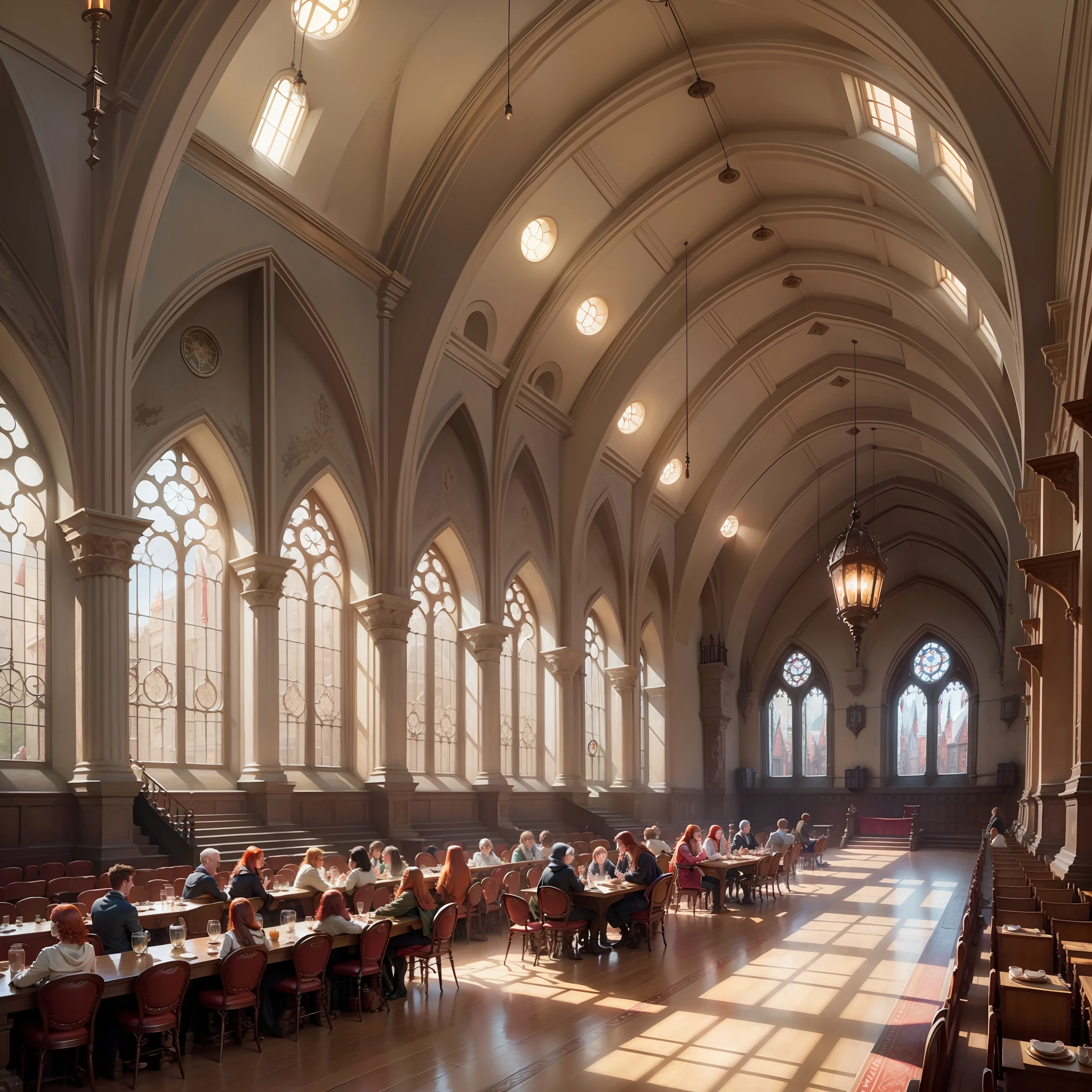 Hogwarts Great Hall，A little red-haired girl eats with her friends in the auditorium，Laughing --auto --s2