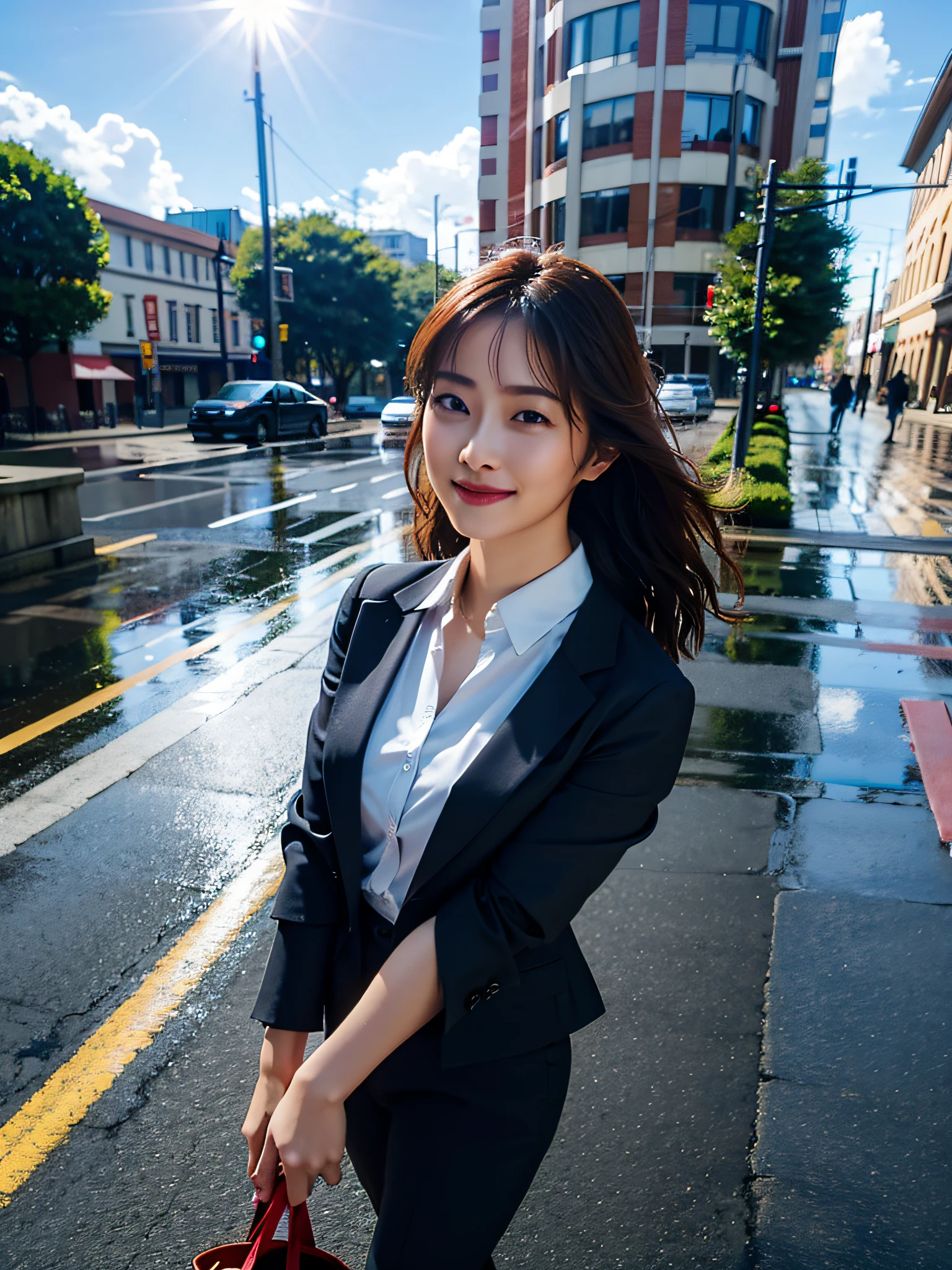 winning photo, (photorealistic:1.3), RAW photos, highest quality, very detail, Absurdres, the golden ratio, A Masterpiece, extremely realistic faces, 1 Mature Woman, High gloss lips, Recruit suit, fulllllbody, wet rainy, After the rain, walk, rainbows, smile , wind blowing hair, Blue Sky, Composition of the subject seen from below, Look at the sky, fulllllbody, run, office worker, sun, hydrangea, pedestrian, Business District, looking at up