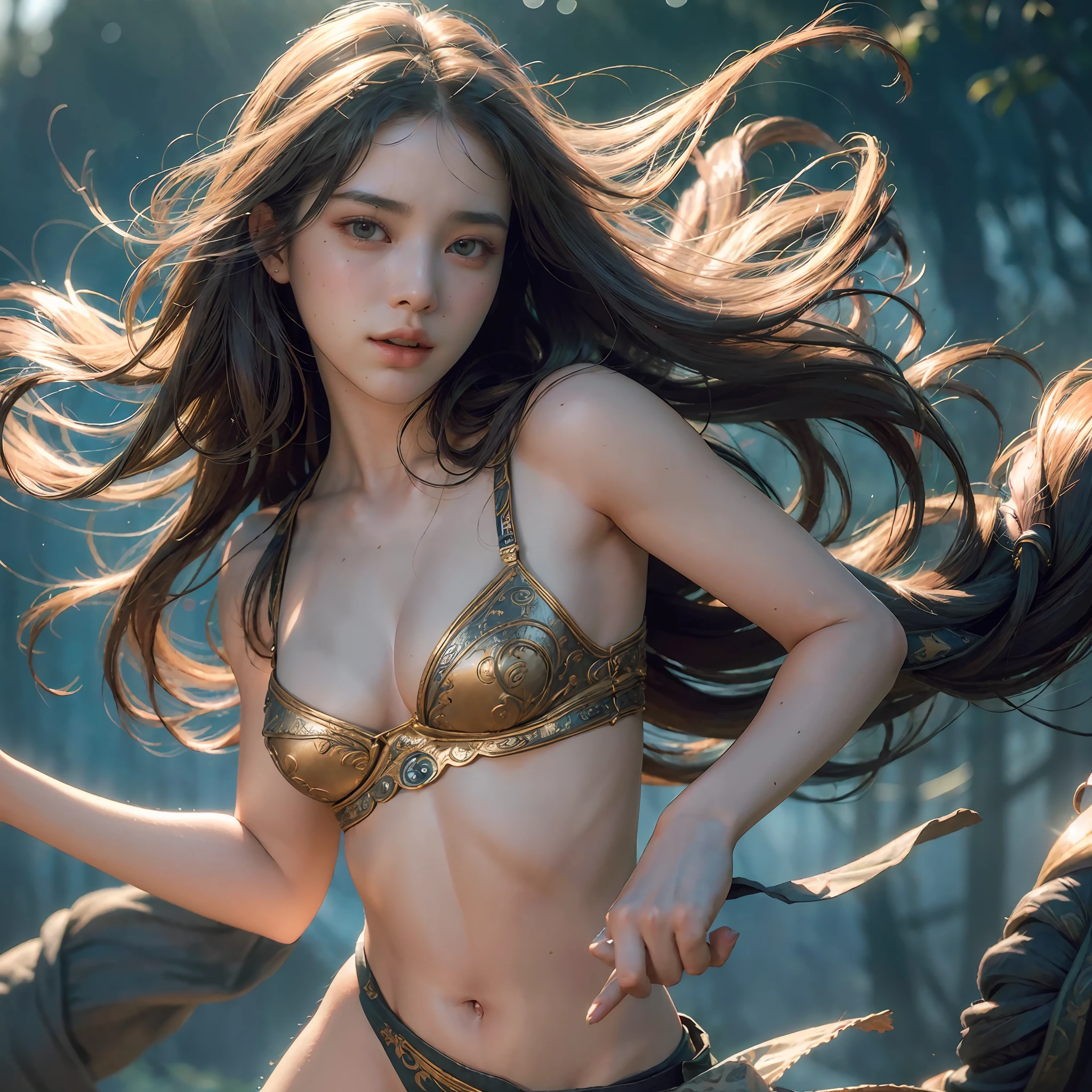 (RAW photo, best quality), (realistic, photo-realistic:1.3),best quality,highly detailed,masterpiece,ultra-detailed,illustration,1girl,upper_body,dynamic angle,world masterpiece theater,messy_long_hair,best quality,extremely detailed CG unity 8k wallpaper,ink,Amazing,cinematic lighting,lens_flare,,dunhuang_style
