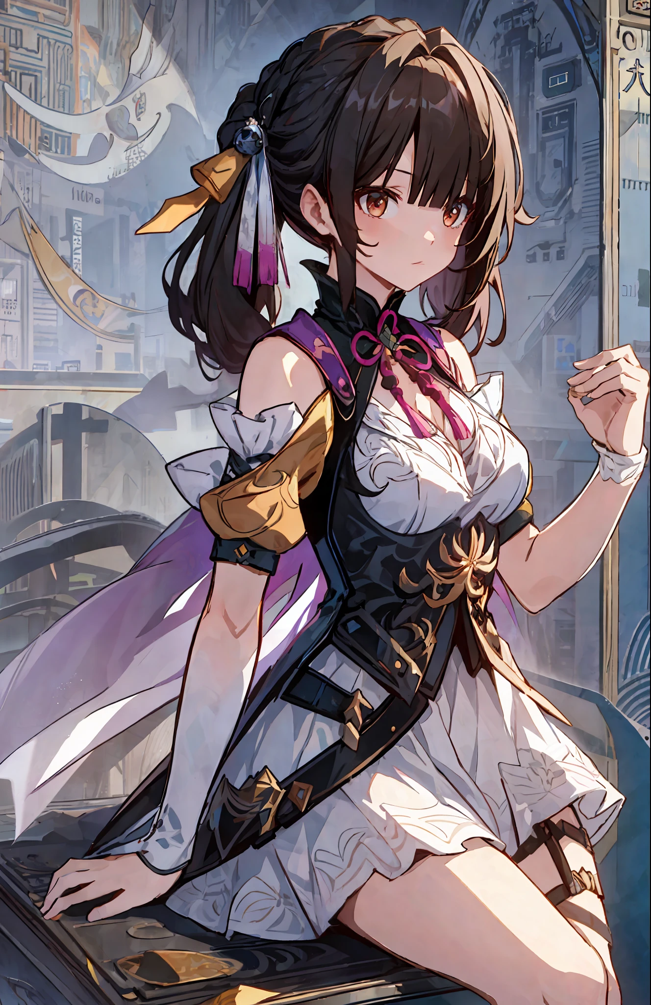 A Masterpiece, BEST QUALITY, Sushan V4, a 1girl, one person, long hair, s chest,, small breasts, hair ornamen, Short sleeve, Dresses, cleavage,, Bare Shoulders, pigtail, china clothes