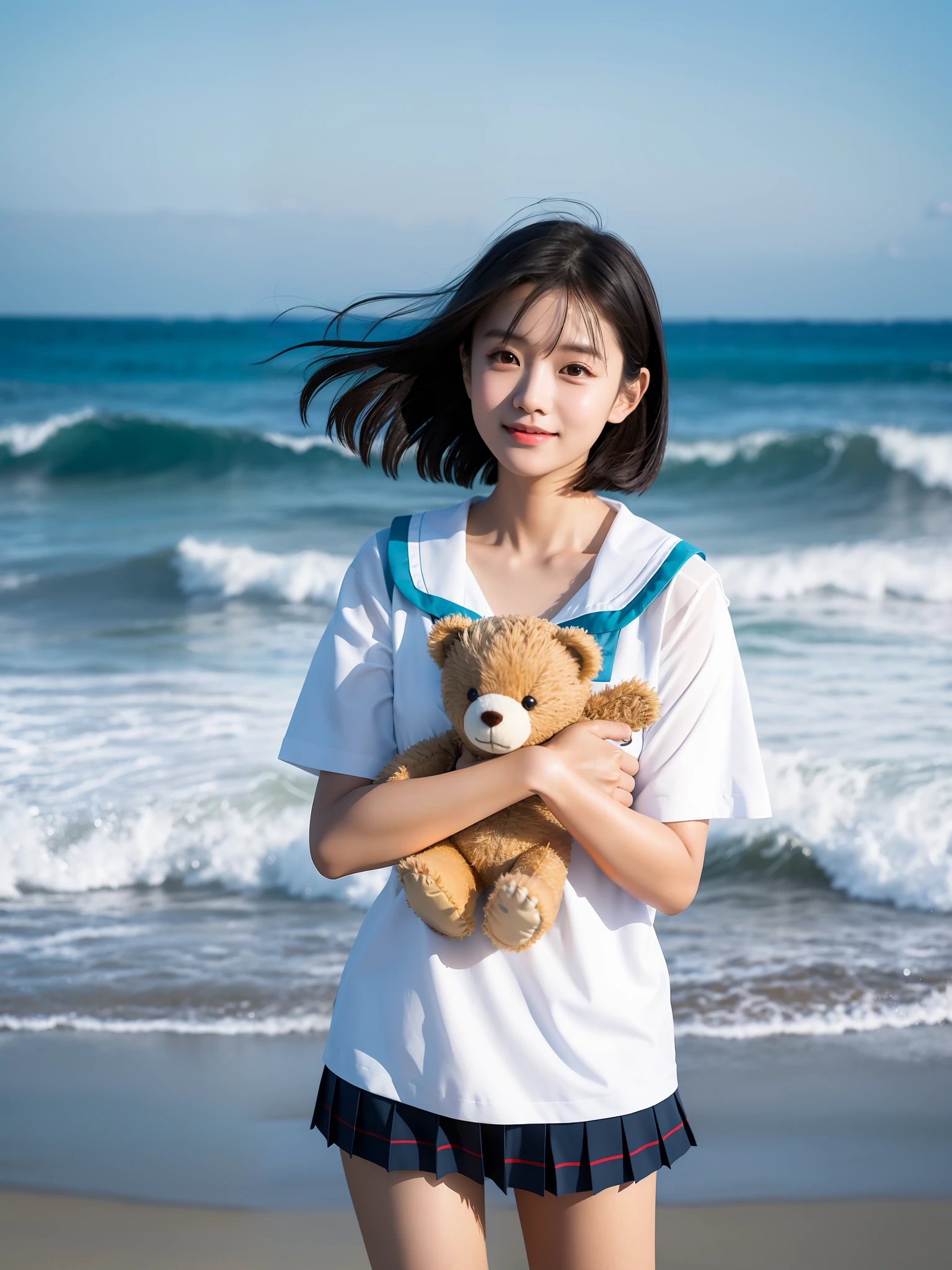 Coastal beauty,1 girl girl,(with short hair),school uniforms,(big eye,Thin face,White skin,Carefree expression),sandy beach background,lighthouse,gentle sea breeze,playful pose,Dynamic composition,Blurred background,Rich colors,Fine details,50mm lens,relaxed atmosphere。portrait photography,35mm film,Nature blurs beautiful and clear eyes,simple blurred background,Extreme detail description,meili,glamorous,Super fine painting,Exquisite Face,exquisite body,Fine collarbones, lovely lips,long slim legs,Full-body photo of standing,(8k,RAW photos,Bestquality,A Masterpiece:1 girl.2 Maidens),(lifelike,photograph of-realisti:1 girl.37),Holding a teddy bear in both hands