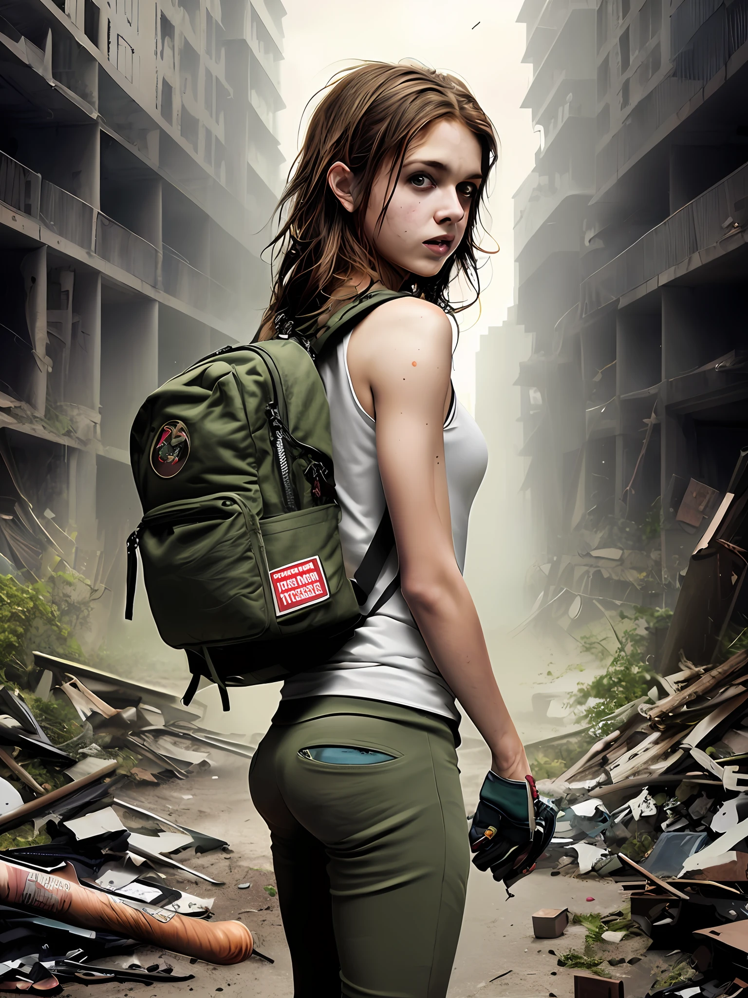 Book portrait of a zombie apocalypse. (showing a ************ teenage girl backwards in a abandoned big city) ( she have backpacks and baseball bats) (the girl have brown hair, green eyes, and she have an athletic body type) (girl have medium ass and chest) ( she is  backwards) (long pants)