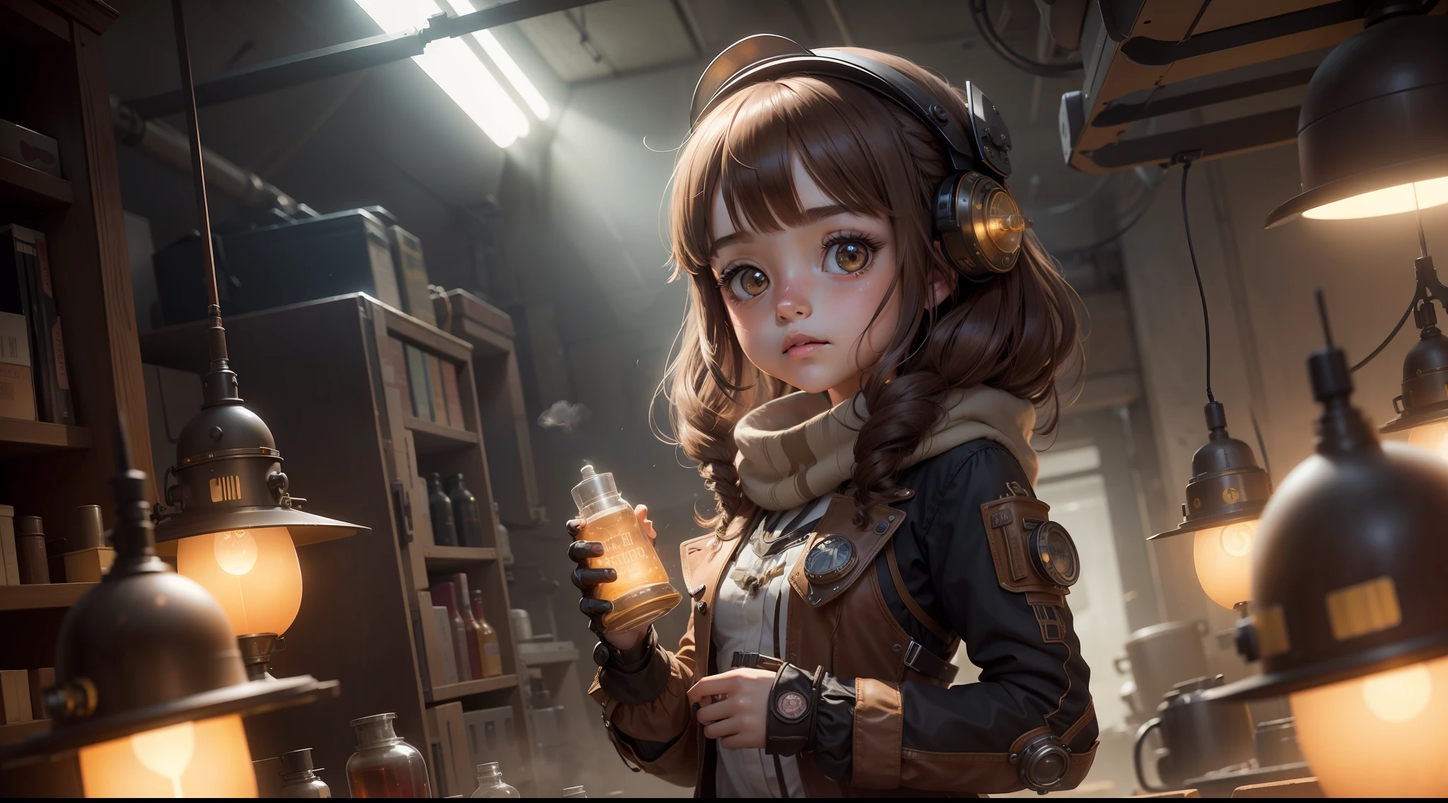 /imagine prompt: Illustration A beautiful  girl with brown hair with pig ears invents a robot in a laboratory ,Inventing robots::10, steam punk::12, Robot，::1 girl, 1 pc, rule of thirds composition::8, leaning-shift::1 girl 3 pcs, ultrawide shot::3 girls, Unreal Engine::15, Top light::1 girl 3 pcs, beautiful lights::1 girl 3 pcs, Cinematic light::12, Bold and bright::10, Dramatic::1 girl 3 pcs, Ultra quality::12, Steampunk cityscape::14 --Seeds Girls 3 2455 --s 400 --q 2 --C 40