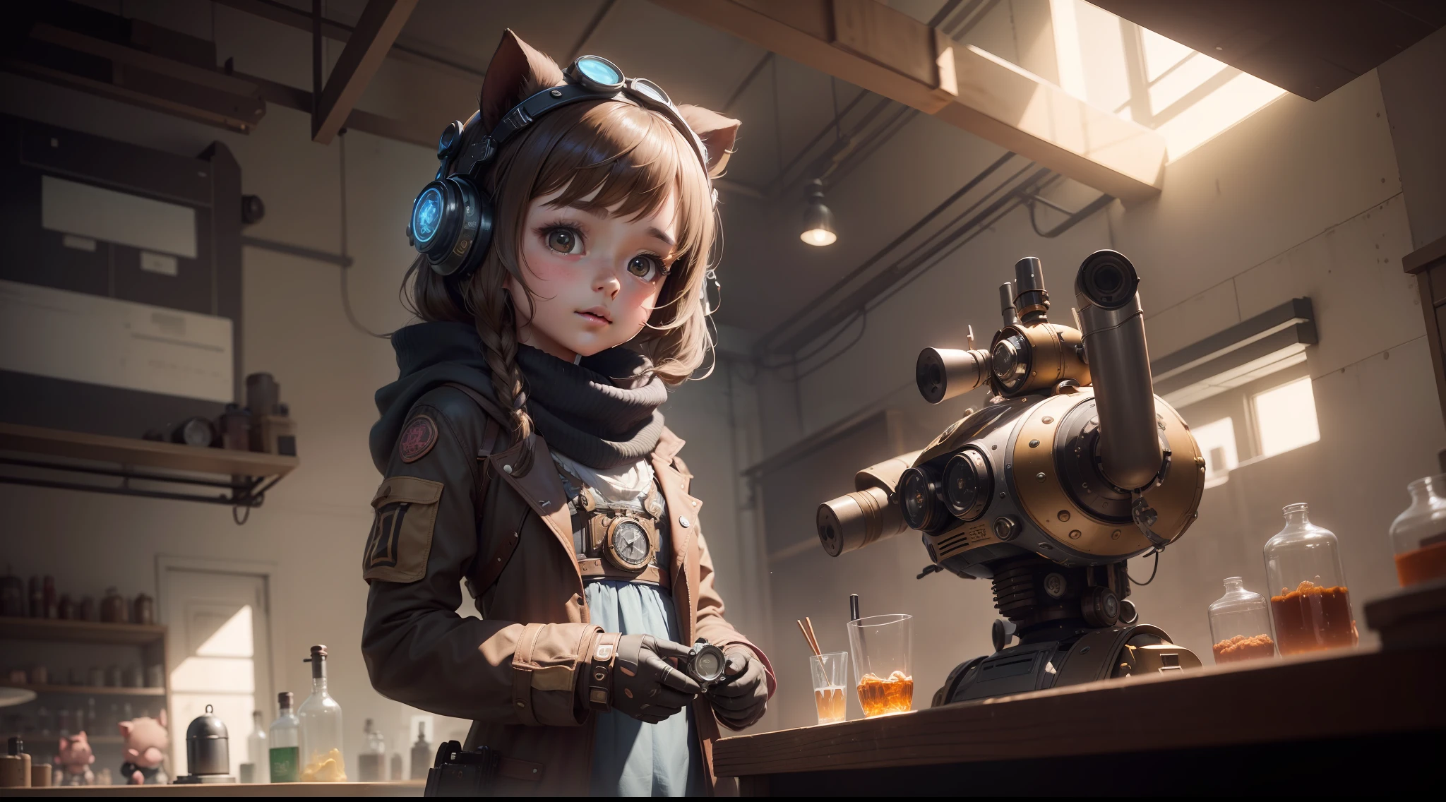 /imagine prompt: Illustration A beautiful with brown hair with pig ears invents a robot in a laboratory ,Inventing robots::10, steam punk::12, Robot,::1 girl, 1 pc, rule of thirds composition::8, leaning-shift::1 girl 3 pcs, ultrawide shot::3 girls, Unreal Engine::15, Top light::1 girl 3 pcs, beautiful lights::1 girl 3 pcs, Cinematic light::12, Bold and bright::10, Dramatic::1 girl 3 pcs, Ultra quality::12, Steampunk cityscape::14 --Seeds Girls 3 2455 --s 400 --q 2 --C 40