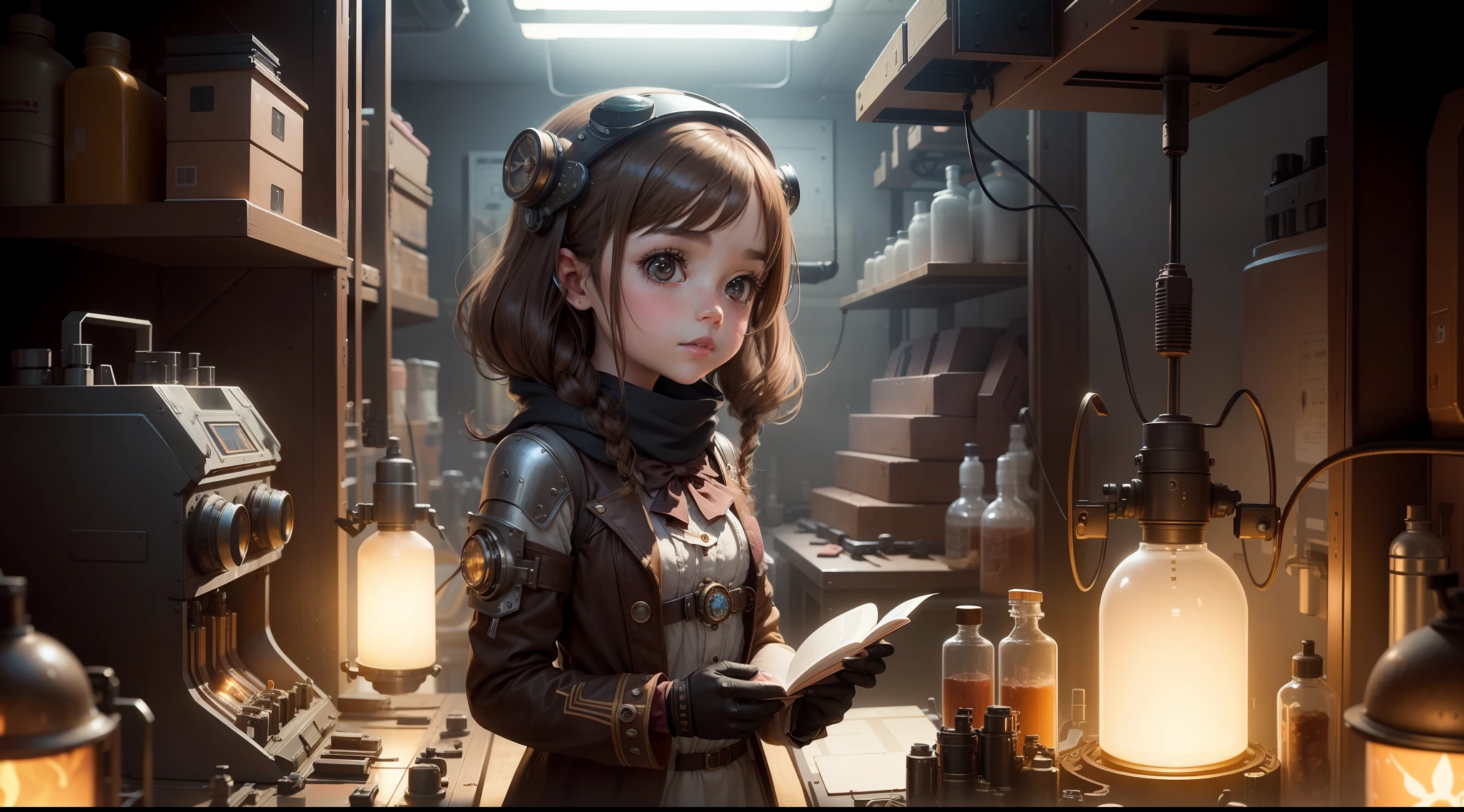 /imagine prompt: Illustration A beautiful  girl with brown hair with pig ears invents a robot in a laboratory ,Inventing robots::10, steam punk::12, Robot，::1 girl, 1 pc, rule of thirds composition::8, leaning-shift::1 girl 3 pcs, ultrawide shot::3 girls, Unreal Engine::15, Top light::1 girl 3 pcs, beautiful lights::1 girl 3 pcs, Cinematic light::12, Bold and bright::10, Dramatic::1 girl 3 pcs, Ultra quality::12, Steampunk cityscape::14 --Seeds Girls 3 2455 --s 400 --q 2 --C 40