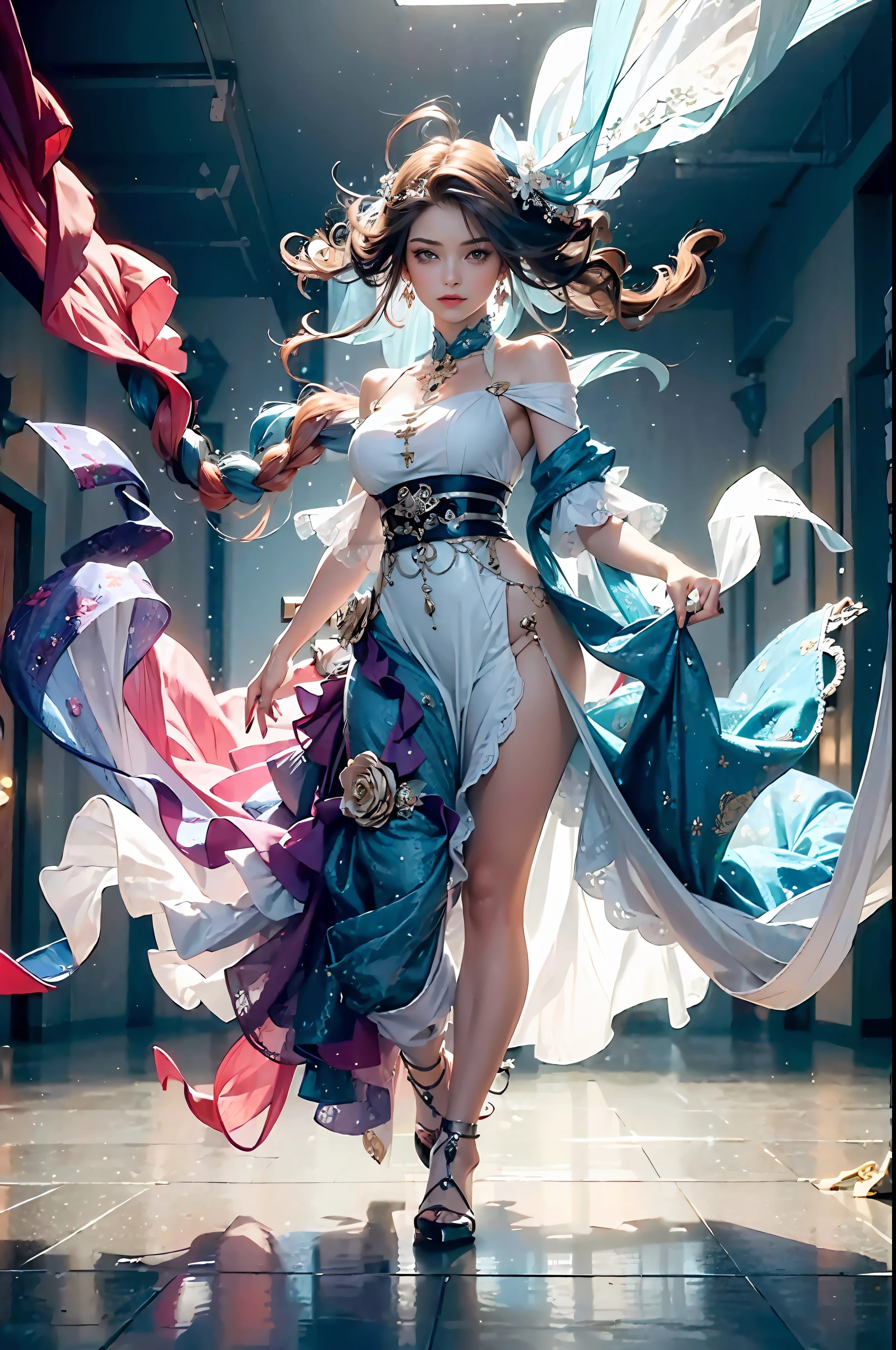 (((masterpiece))),((best quality)),realistic,1 girl, detailed,dynamic pose,(Perfect and delicate hairdressing), colorful