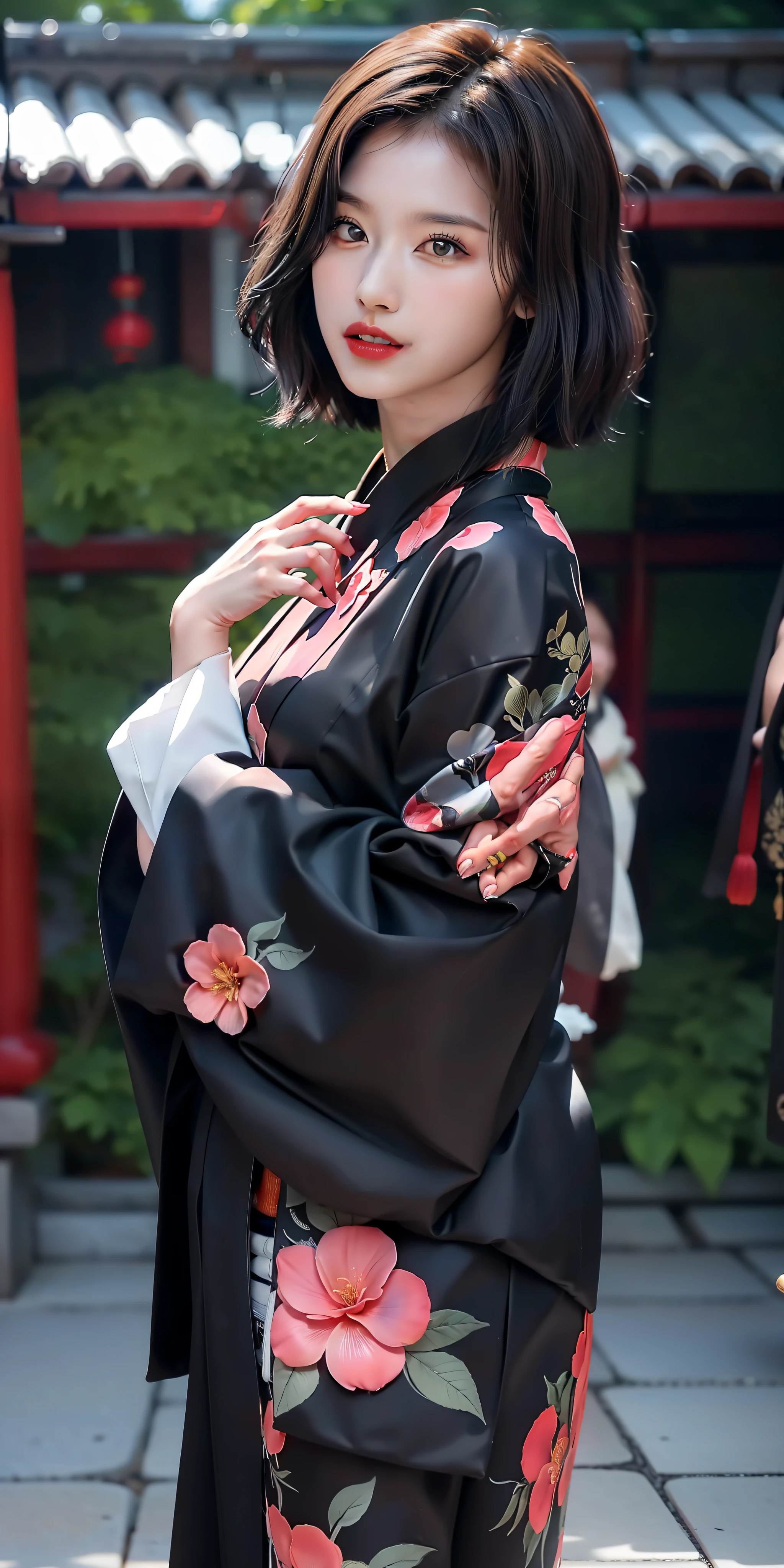 (black kimono:1.2),(japanese clothes:1.2),(floral print),(long sleeves),1 girl,full body,(short hair),(realistic:1.7),((best quality)),absurdres,(ultra high res),(photorealistic:1.6),photorealistic,octane render,(hyperrealistic:1.2), (photorealistic face:1.2), (8k), (4k), (Masterpiece),(realistic skin texture), (illustration, cinematic lighting,wallpaper),( beautiful eyes:1.2),((((perfect face)))),(cute),(standing),red lips, outdoors,(japanese style countryard),