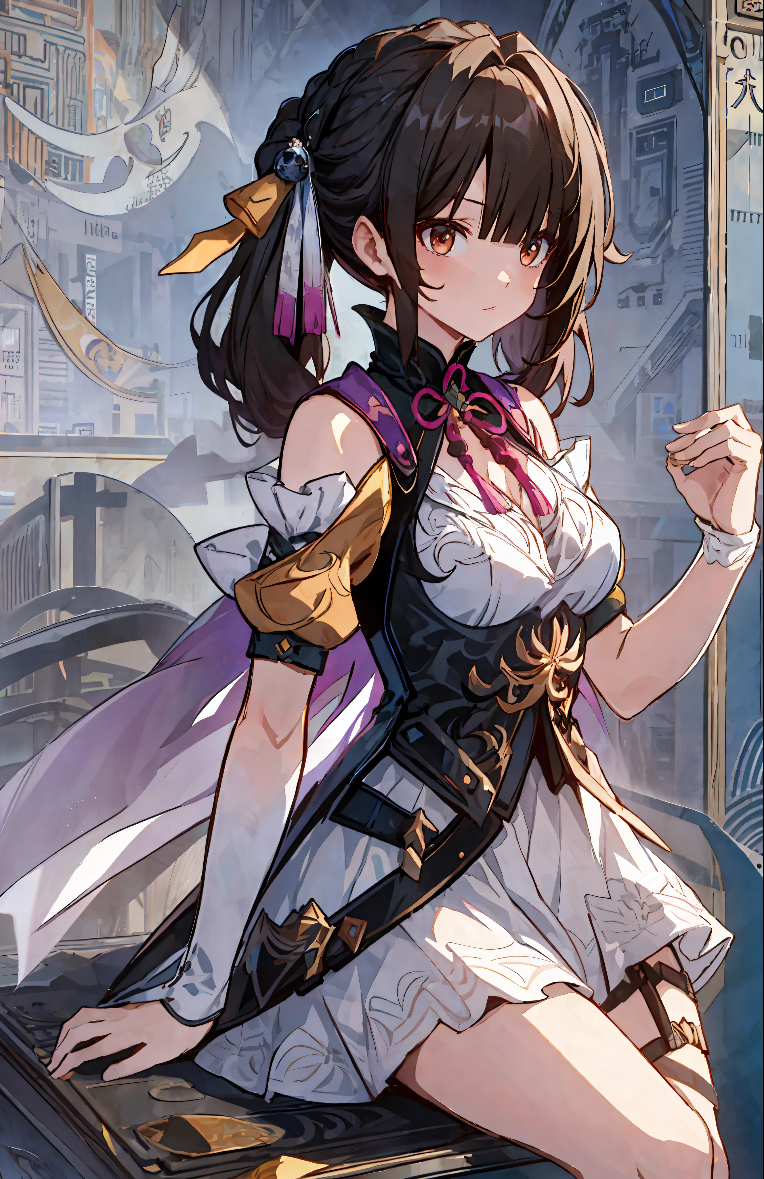 A Masterpiece, BEST QUALITY, Sushan V4, a 1girl, one person, long hair, s chest,, small breasts, hair ornamen, Short sleeve, Dresses, cleavage,, Bare Shoulders, pigtail, china clothes
