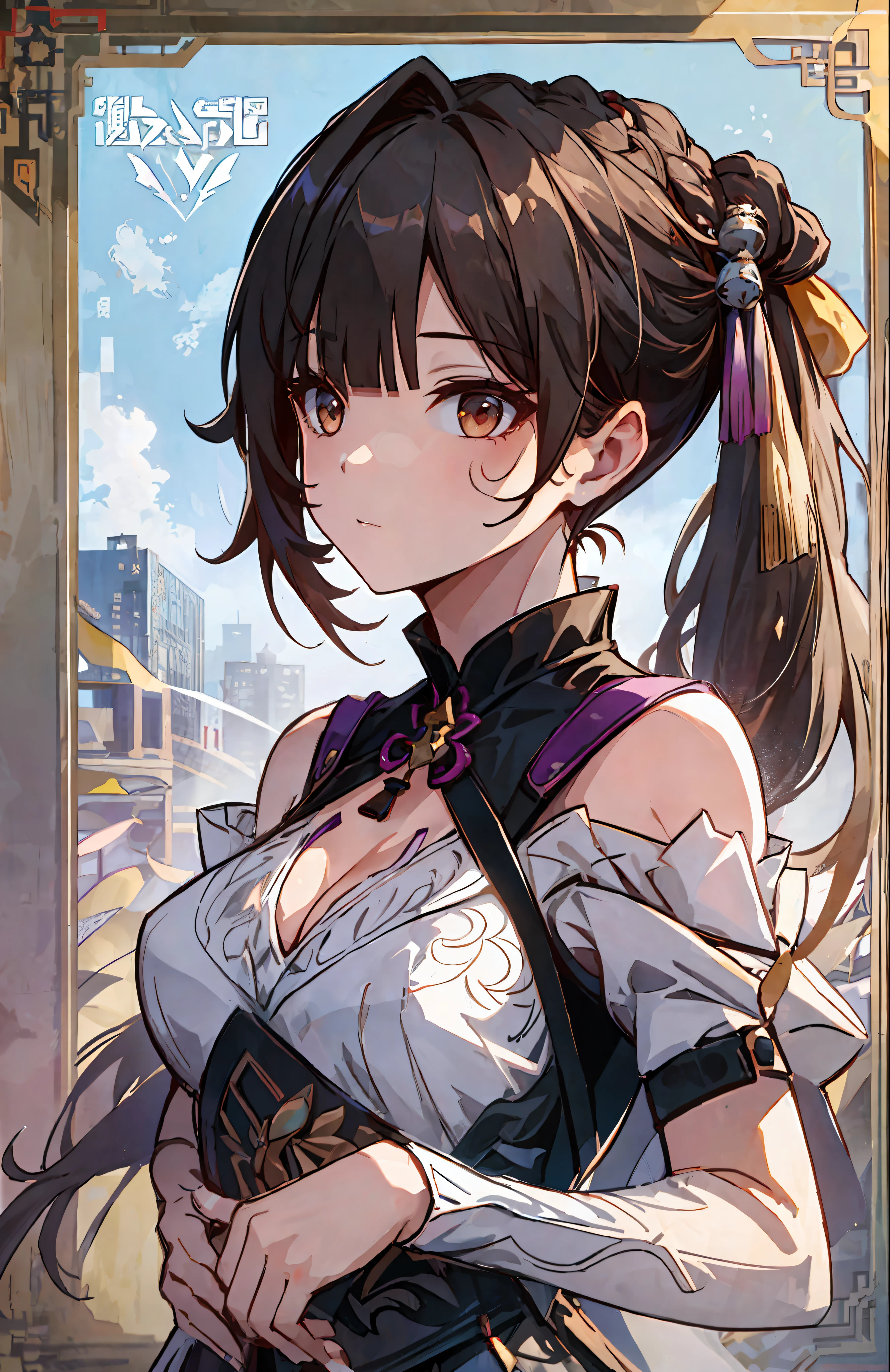 A Masterpiece, BEST QUALITY, Sushan V4, a 1girl, one person, long hair, s ,, small  , hair ornamen, Short sleeve, Dresses, cleavage,,  Shoulders, pigtail, china clothes