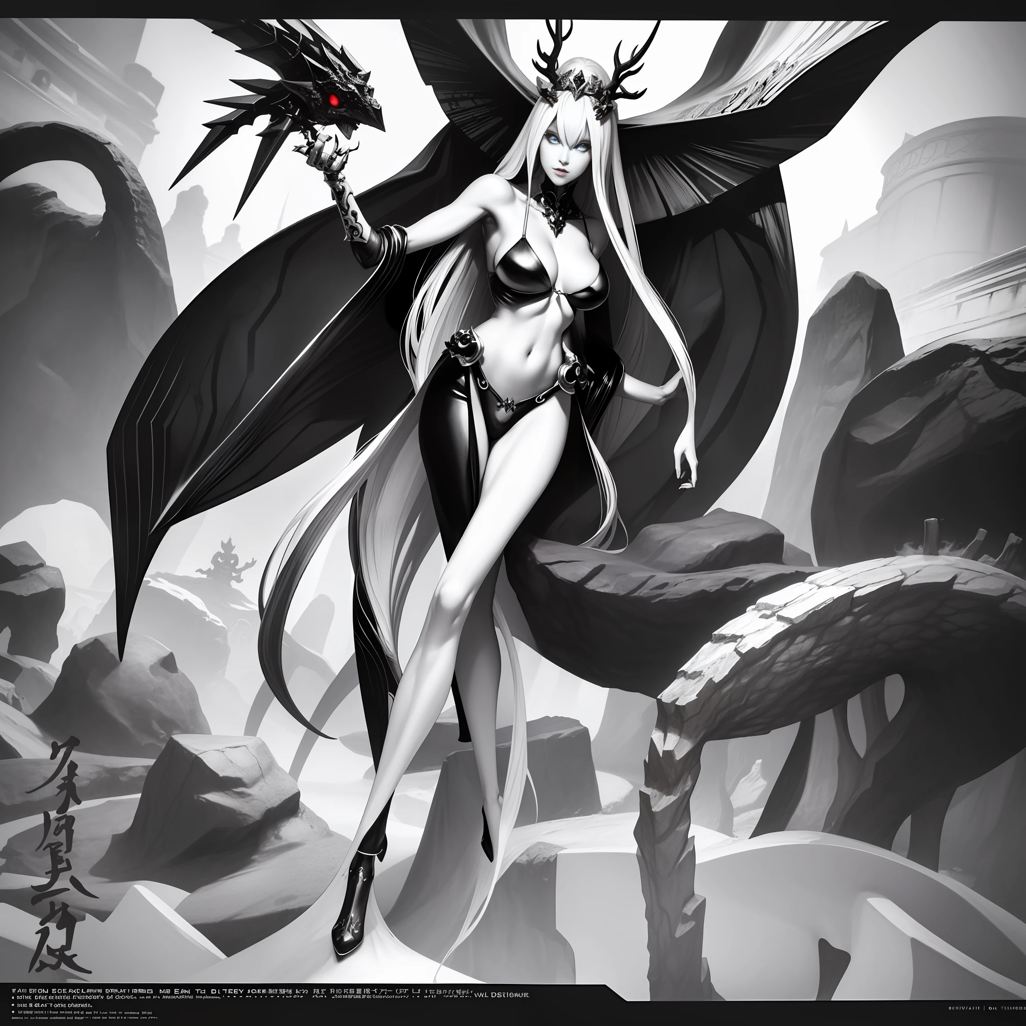A retro Japanese manga masterpiece,Master manga works,grayscales,Black and white caricature of woman in bikini, White antler queen demon, dark fantasy character design, complex fantasy character, dark sorceress full view, fantasy character design, beautiful full body concept art, fantasy character art, conceptart | artgerm, concept art character modeling, fantasy character concept, dark fantasy concept art, dark elf princess