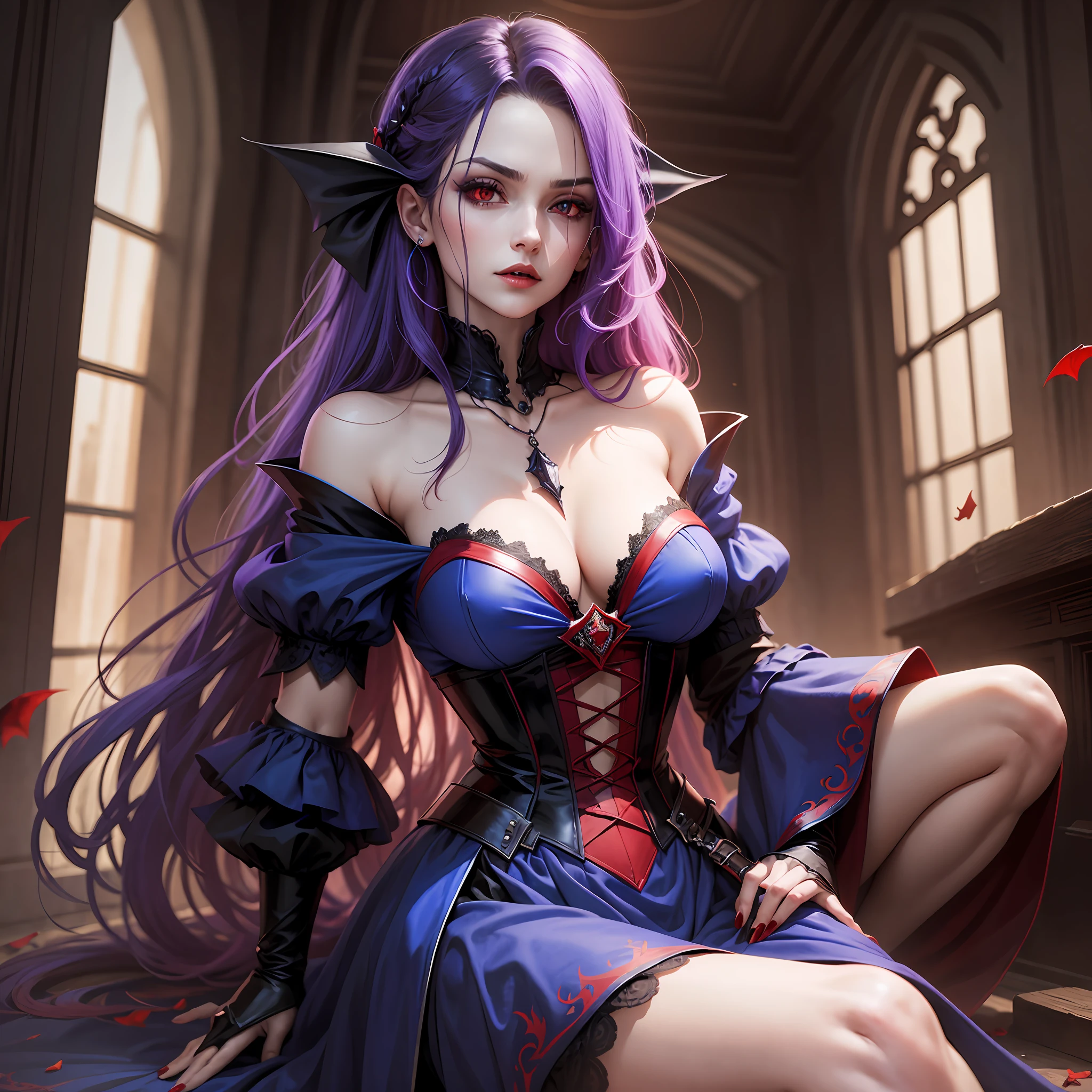 a vampire, woman, withe hair, red eyes, blue dress, a thin black sword in your left hand --auto --s2