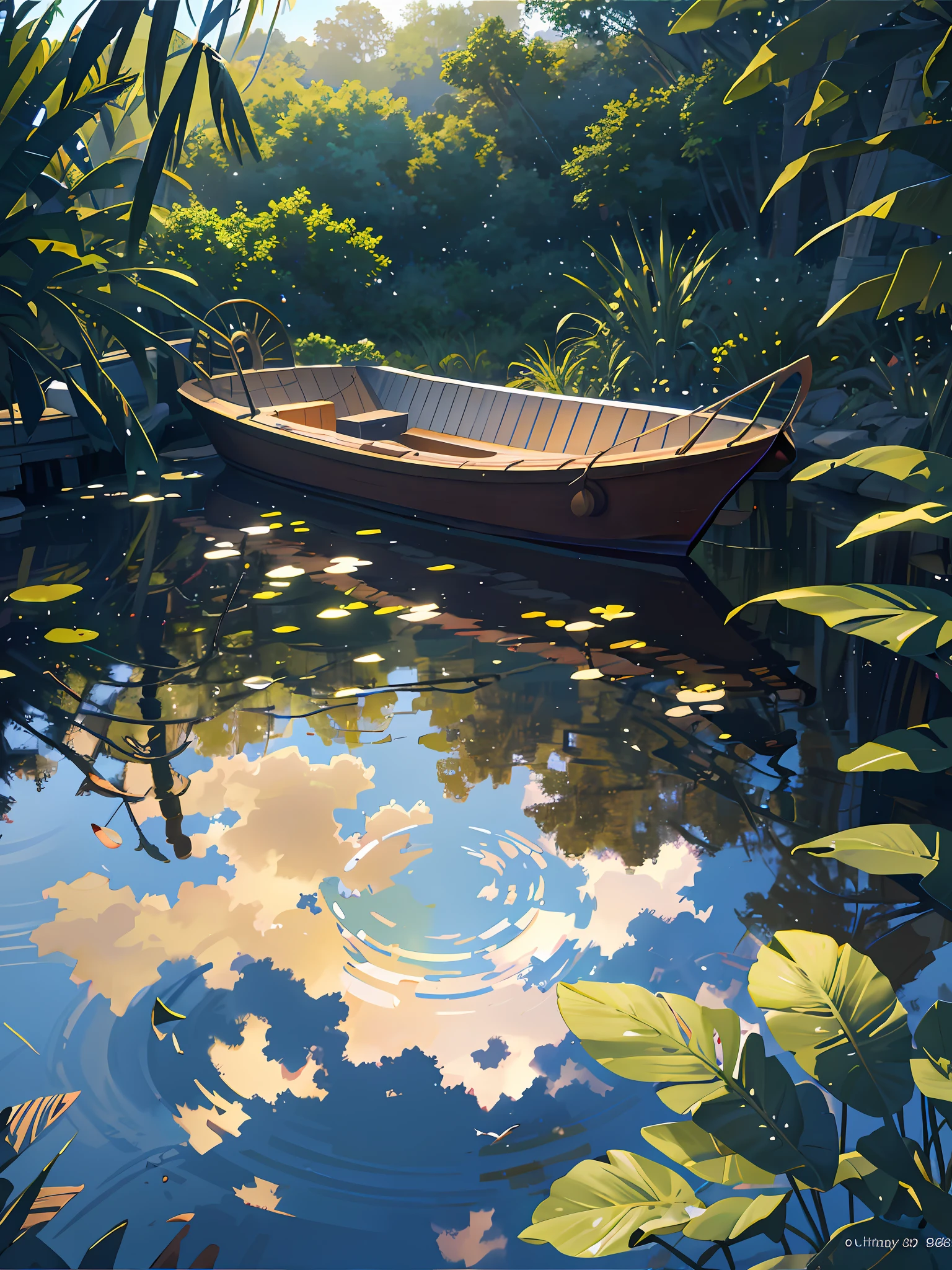 Wallpaper, summer pond, pond, boat, afternoon sun, reeds, pond background, depth of field, hot weather, HD detail, wet watermark, hyperdetail, cinematic, surrealism, soft light, deep field focus bokeh, ray tracing, diffuse (ultra-fine glass reflection) and surrealism. --v6