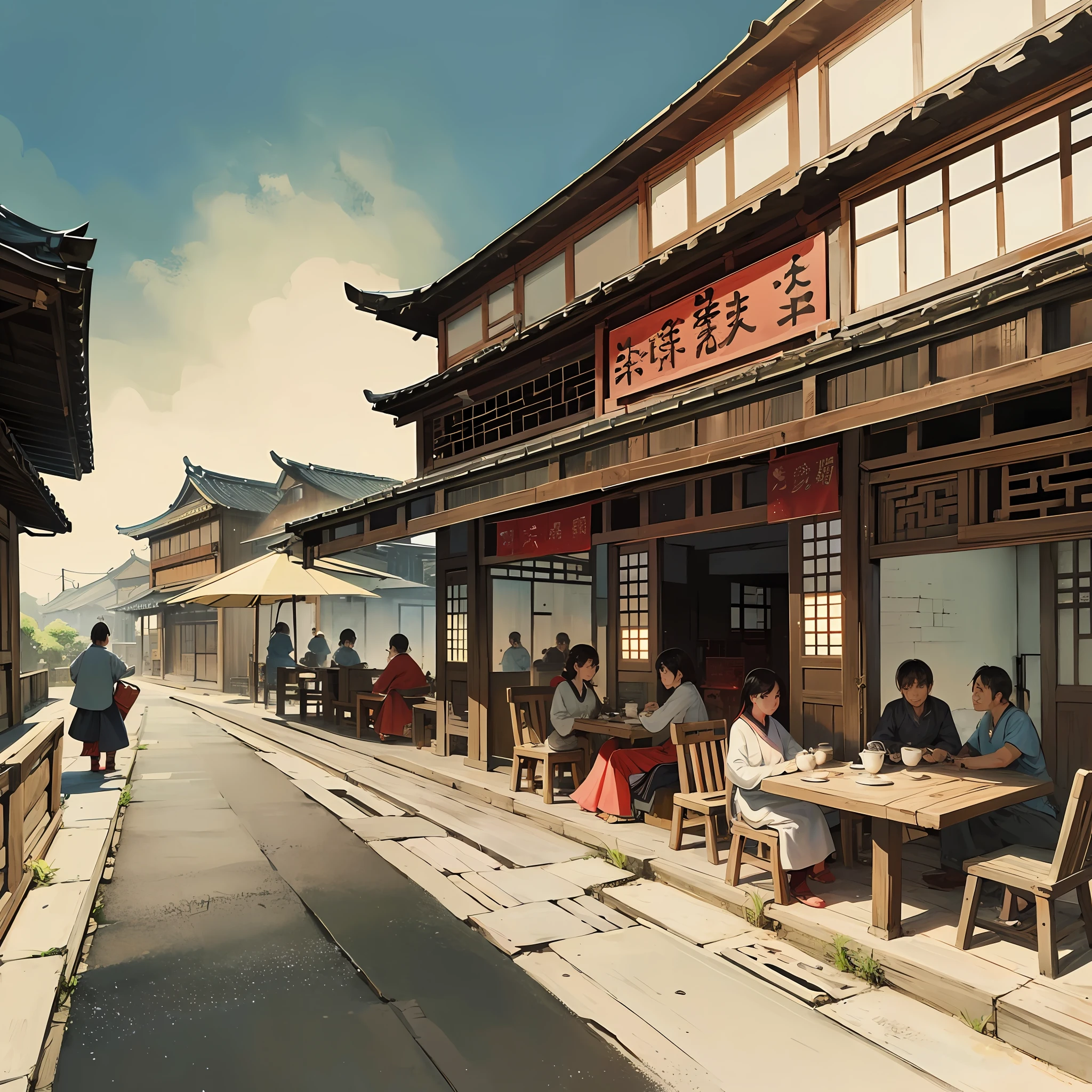 An old teahouse on Jiangnan Old Street in China in the 1980s, There were people sitting around and still drinking tea，freehand、Ink painting style，Simple colors，The background is simple，soft light， --auto --v6 --s2