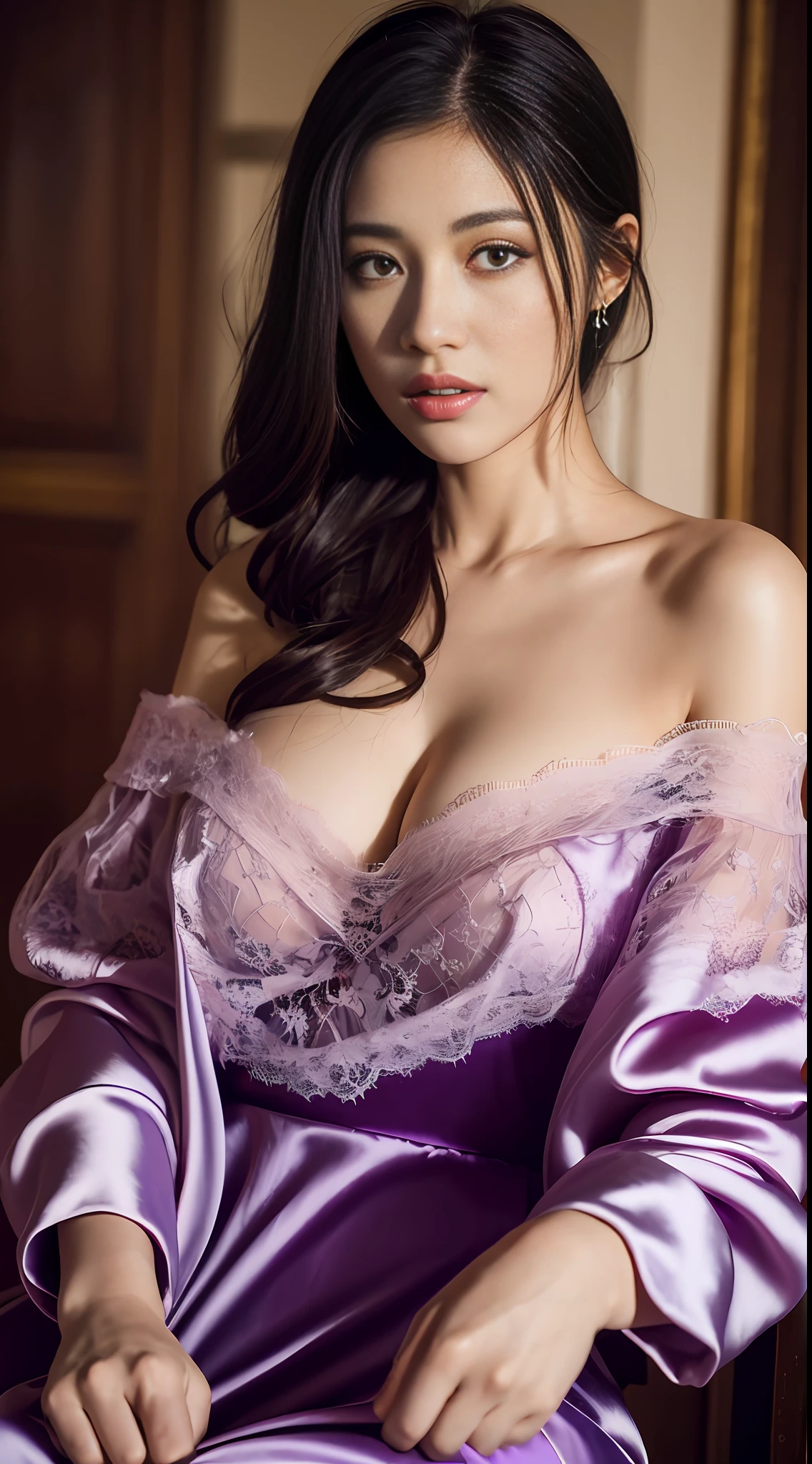 Bestquality，A Masterpiece，Ultra High Res，（fidelity：1 girl.4 pcs），Raw Photo，1 girl one girl，off the shoulder，cinematic Lighting，Purple silk nightdress，mid breasts，，，Lace