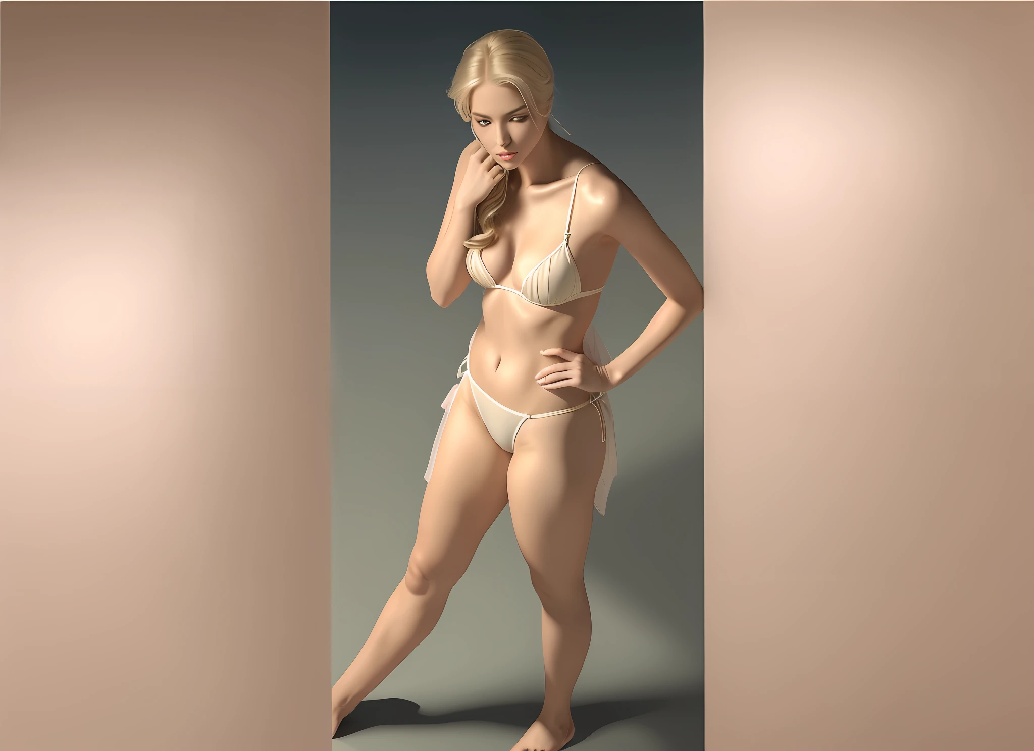 Blonde woman, long silky hair, sensually revealing panties, voluminous breasts and slender legs, perfect symmetry, ultra realism, ultra detailed and ultra HD, crystal clear image that portrays all her stunning beauty.