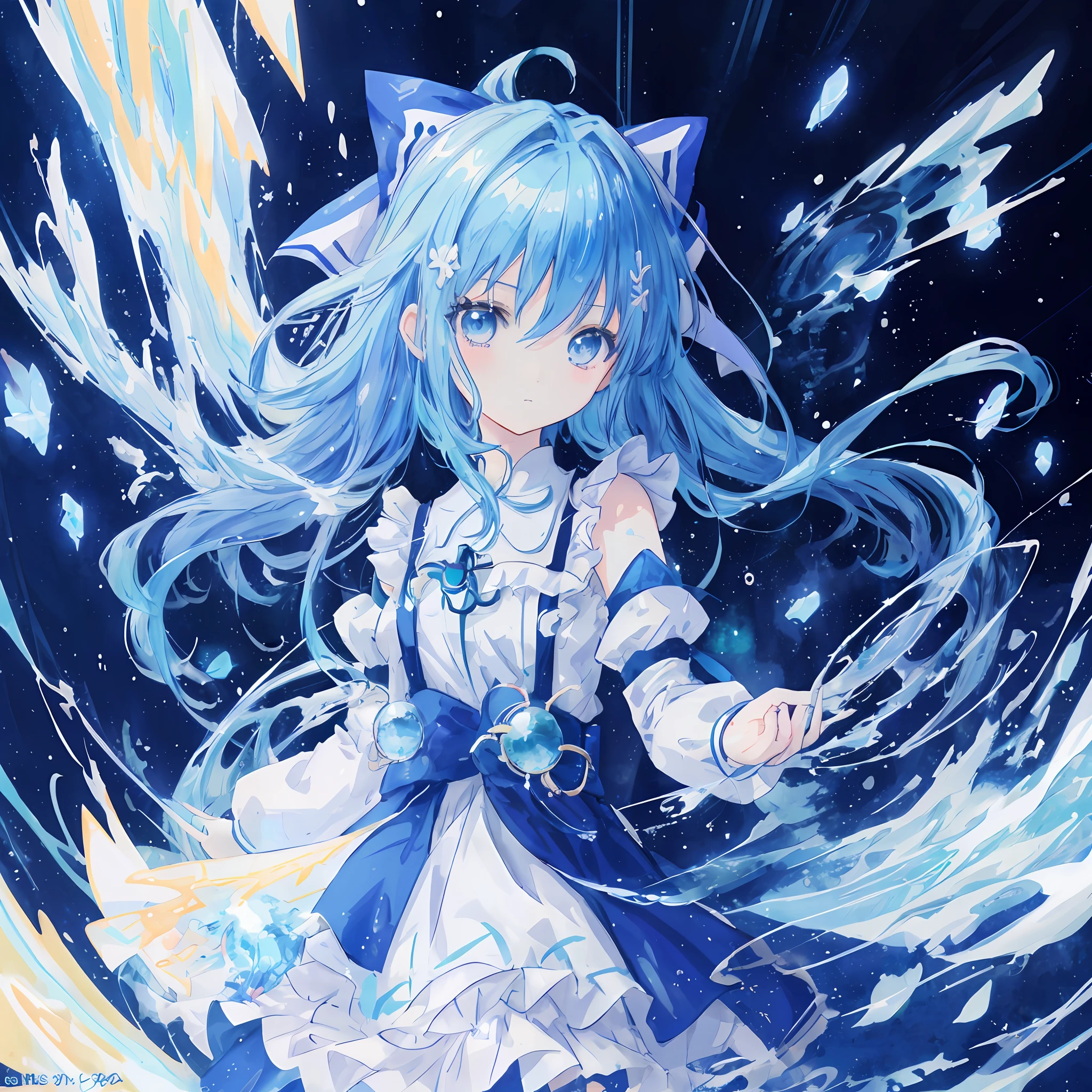 anime girl with blue hair and white dress in a swirling space, splash art anime loli, wallpaper anime blue water, rem rezero, an anime portrait of cirno, anime moe artstyle, cirno, detailed key anime art, digital art on pixiv, anime style 4 k, official artwork, trending on artstation pixiv, water element