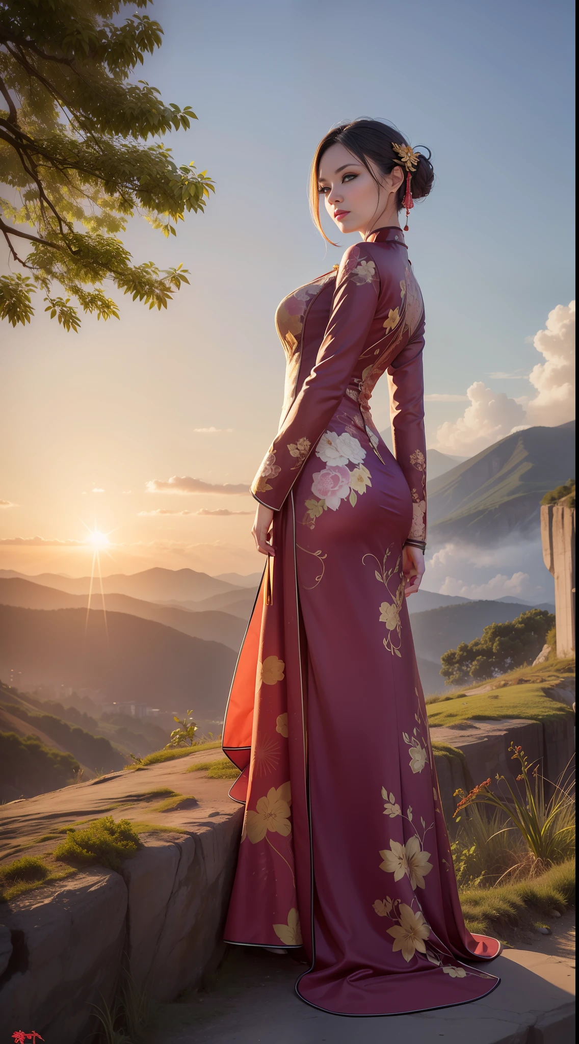 A beautiful woman in a cheongsam,Stand on the edge of a cliff,Smoke lingers from the peaks below the cliffs,There is a big tree on the left,Branches extending from large trees,The sun sets on the edge of the sky,backlighting,High Quality,Highres,8K