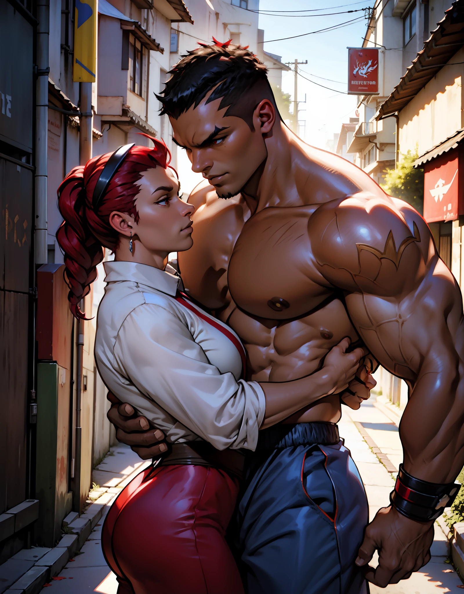 Couple, ((crimson viper)), ((balrog)), inclinando -se como uma placa de piscis, fundindo-se com folhas, apaixonados, paleta de branco montanha, tarde, Iluminado pela luz solar natural. Arte digital, 3D, Raytraicing realista, cinematic lighti, luzes industriais, roupa apertada, (street fighter_couple)