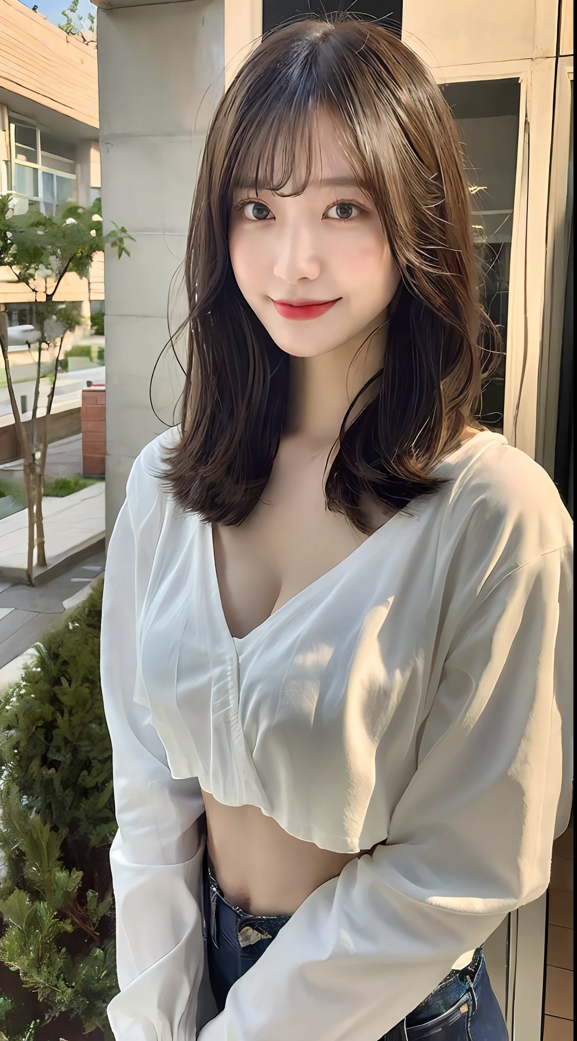 ((Best quality, 8k, Masterpiece :1.3)), 1girl, beautiful woman with emphasis on slim abs: 1.3, (casual hairstyle, : 1.2), casual wear: 1.2, interior, ultra-detailed face, delicate eyes, double eyelids, soft breasts, smposed cleavage