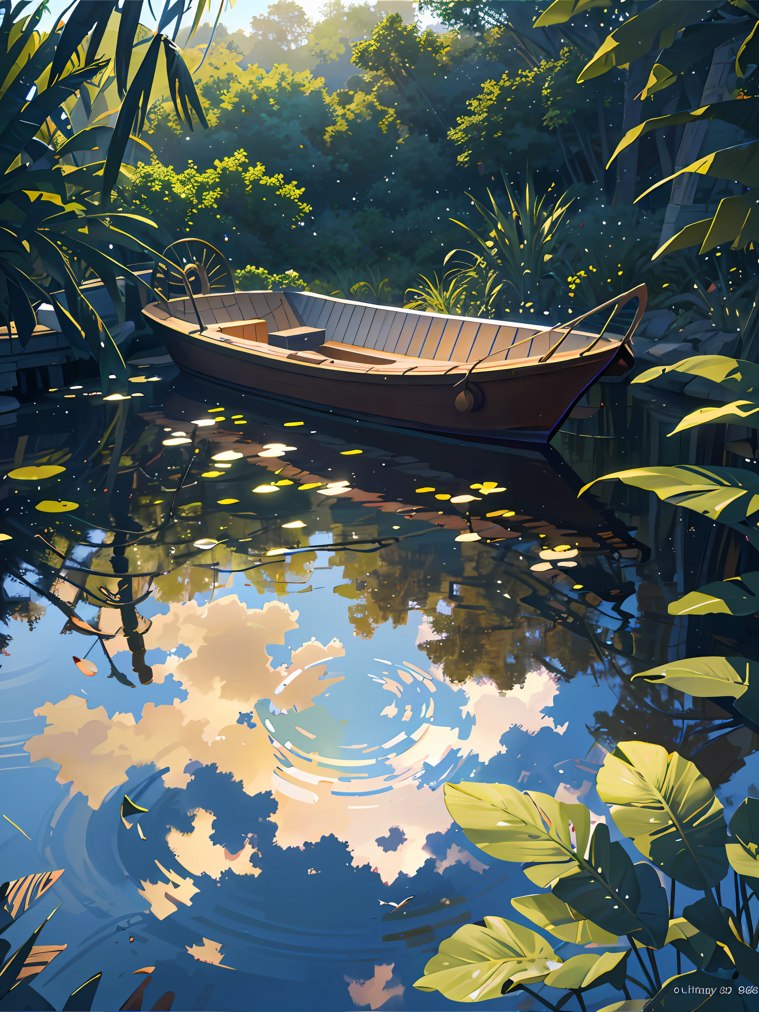 Wallpaper, summer pond, pond, boat, afternoon sun, reeds, pond background, depth of field, hot weather, HD detail, wet watermark, hyperdetail, cinematic, surrealism, soft light, deep field focus bokeh, ray tracing, diffuse (ultra-fine glass reflection) and surrealism. --v6