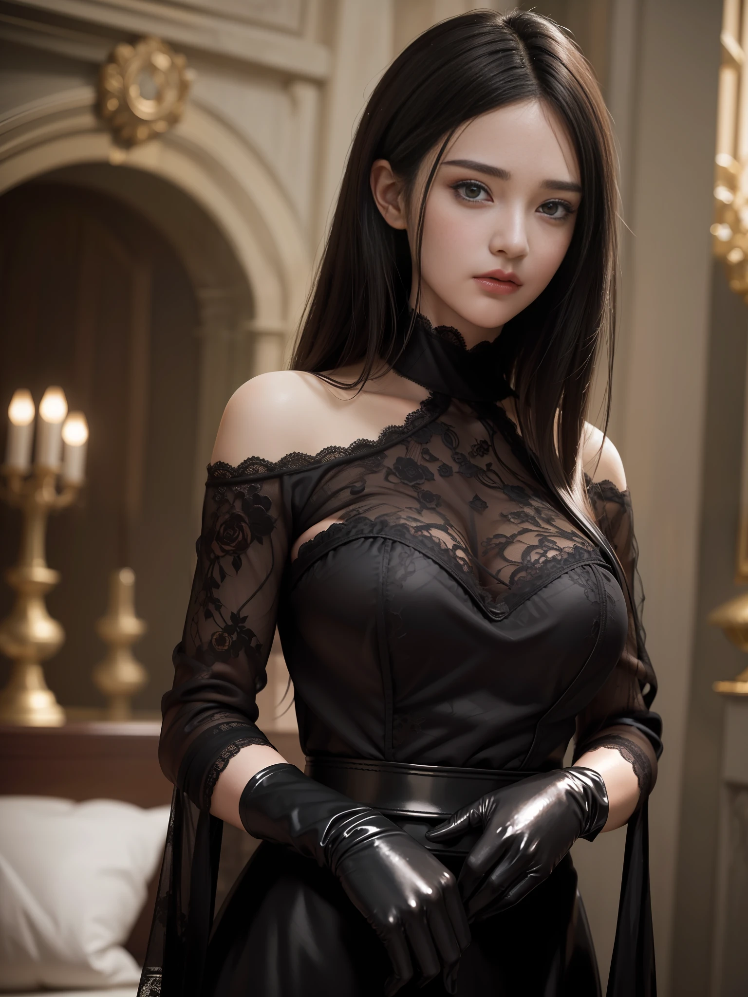 Top Quality, masterpeace, super high-RES, (photorealistic:1.4), Raw, 1 Mature girl(Rose), off the shoulder, black gloves, long black lacy dress, dark black hair,, shiny hair, eye highlights, dark, deep shadows, Low Key, cold light, cinematic lighting,