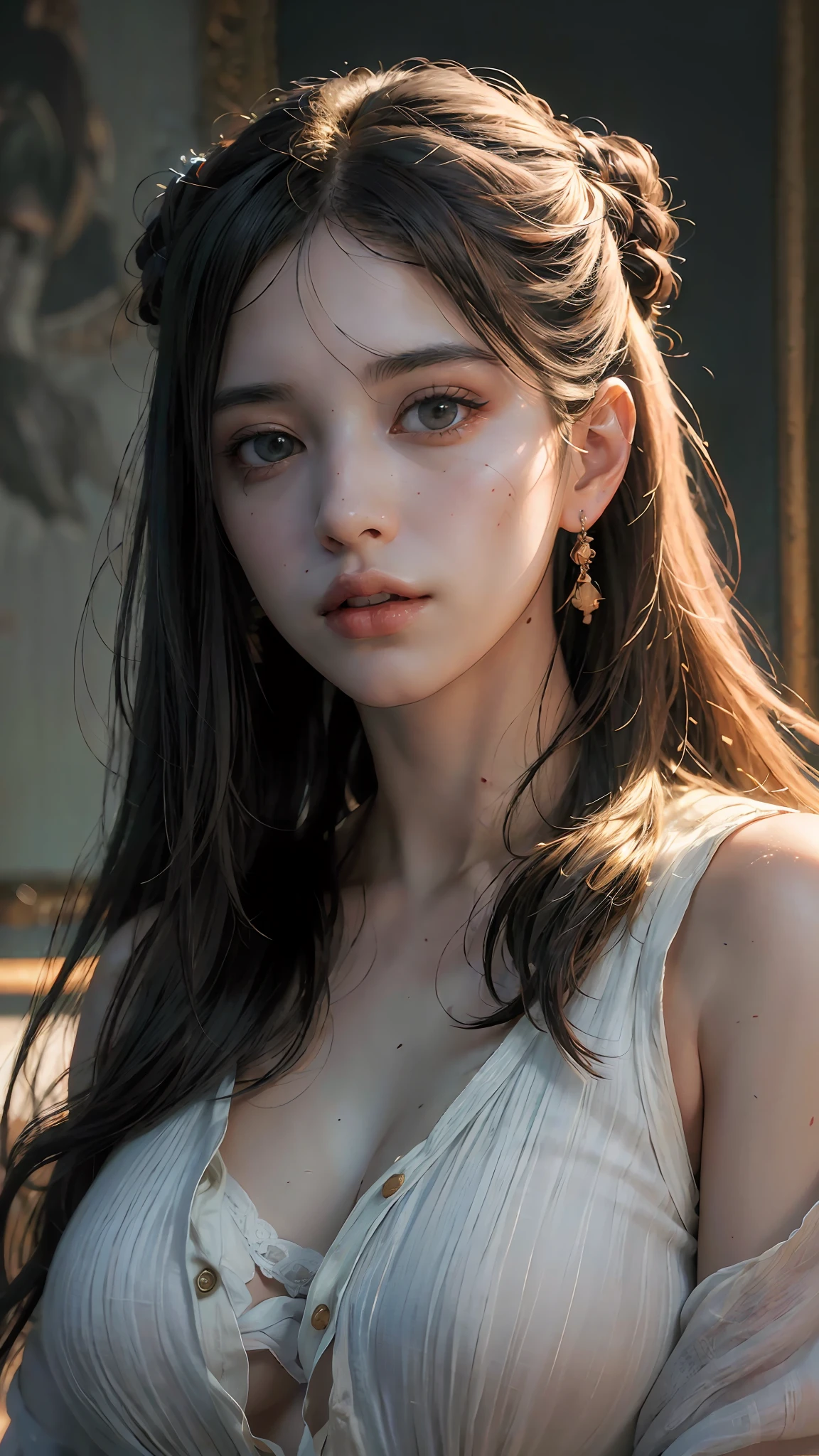 (RAW photo, best quality), (realistic, photo-realistic:1.3),best quality,highly detailed,masterpiece,ultra-detailed,illustration,1girl,upper_body,dynamic angle,world masterpiece theater,messy_long_hair,best quality,extremely detailed CG unity 8k wallpaper,ink,Amazing,cinematic lighting,lens_flare,,dunhuang_style