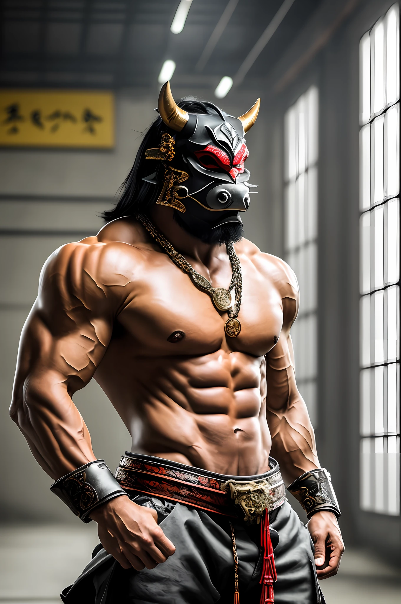 ((best quality)), ((ultradetailed)), ((masterpiece)), photograph, scene: spacious abandoned warehouse, theme: anthropomorphic animal mafia, character: samurai demon, appearance: muscular build, action: combat stance, expression: wearing oni mask, tengu,fierce, holding a karana, gold necklace, upper body bare, sporting yakuza tattoos, perspective: 4K. --auto --s2
