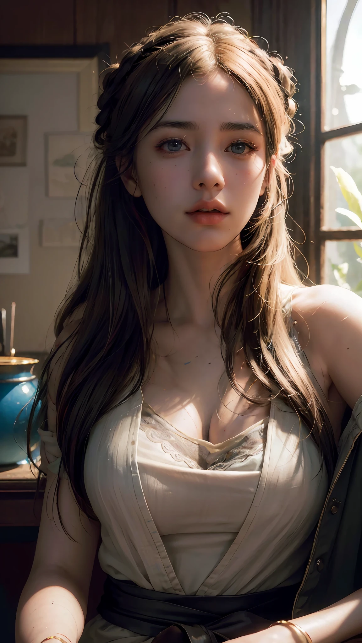 (RAW photo, best quality), (realistic, photo-realistic:1.3),best quality,highly detailed,masterpiece,ultra-detailed,illustration,1girl,upper_body,dynamic angle,world masterpiece theater,messy_long_hair,best quality,extremely detailed CG unity 8k wallpaper,ink,Amazing,cinematic lighting,lens_flare,,dunhuang_style